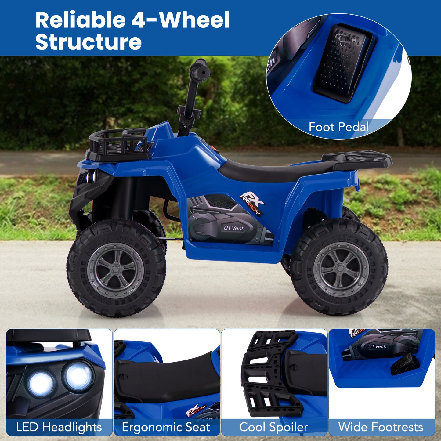 6V Kids Ride On Electric ATV with LED Headlights and MP3 Player-Blue Kids Crystal