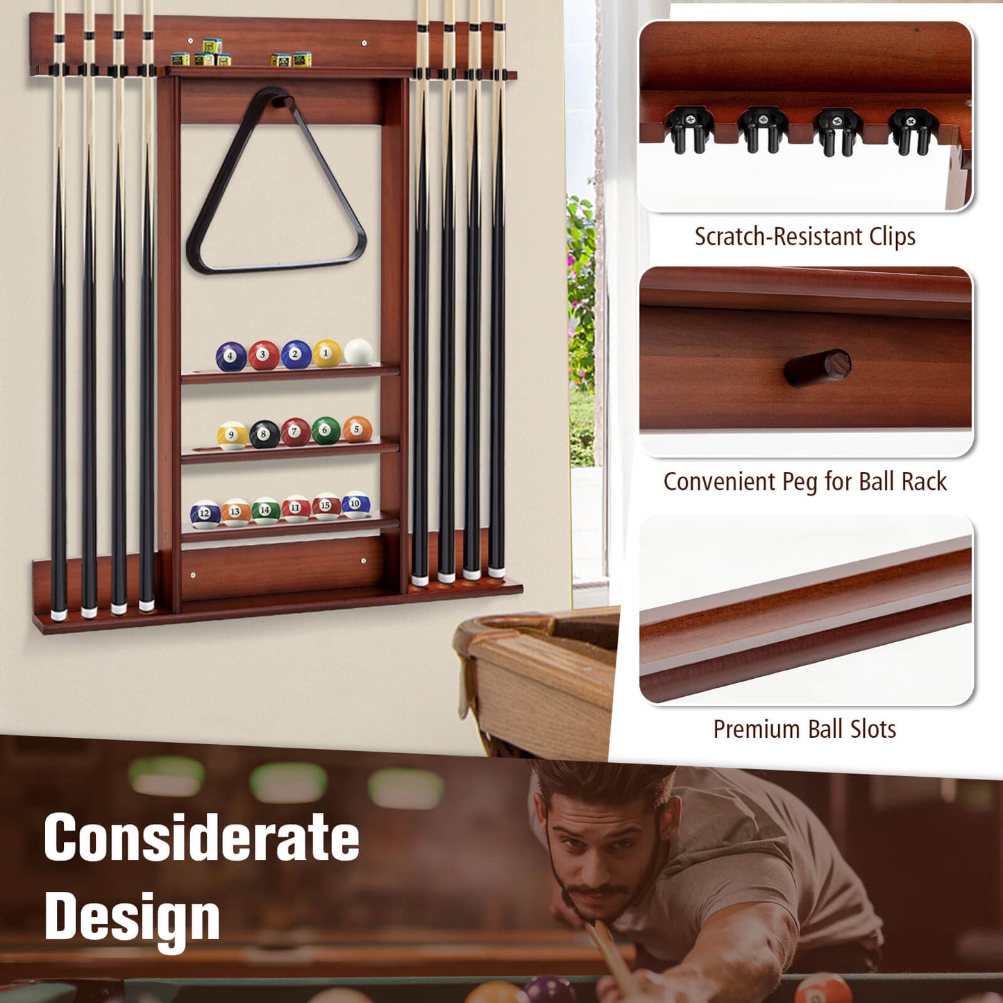 Wall-mounted Billiards Pool Cue Rack Only-Brown Kids Crystal