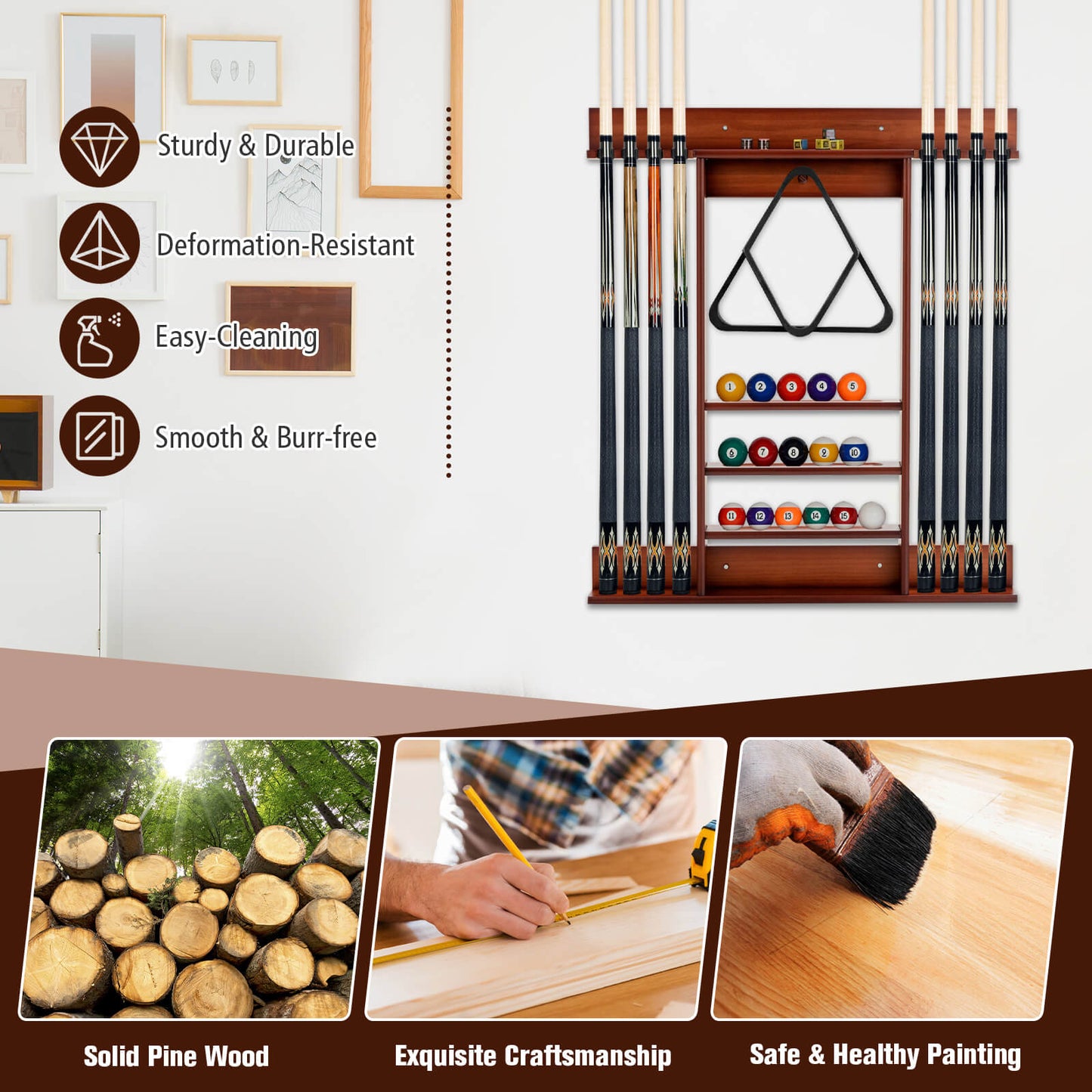 Wall-mounted Billiards Pool Cue Rack Only-Brown Kids Crystal