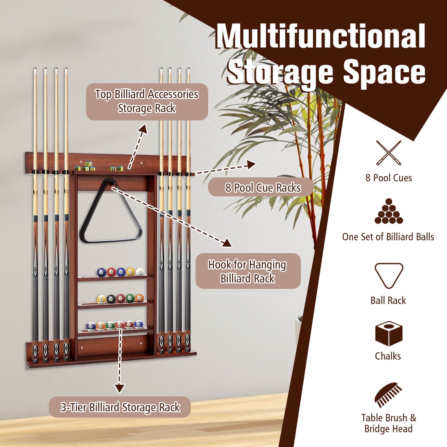 Wall-mounted Billiards Pool Cue Rack Only-Brown Kids Crystal