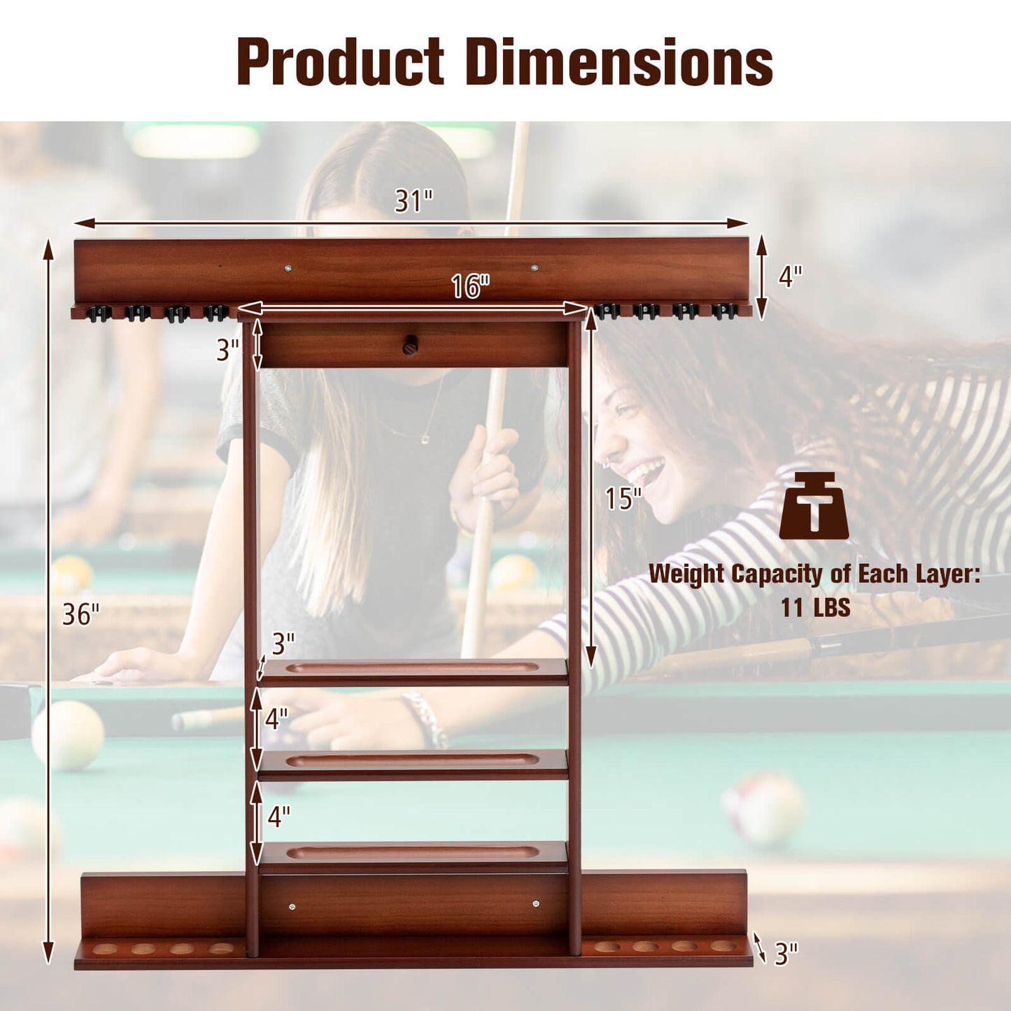 Wall-mounted Billiards Pool Cue Rack Only-Brown Kids Crystal