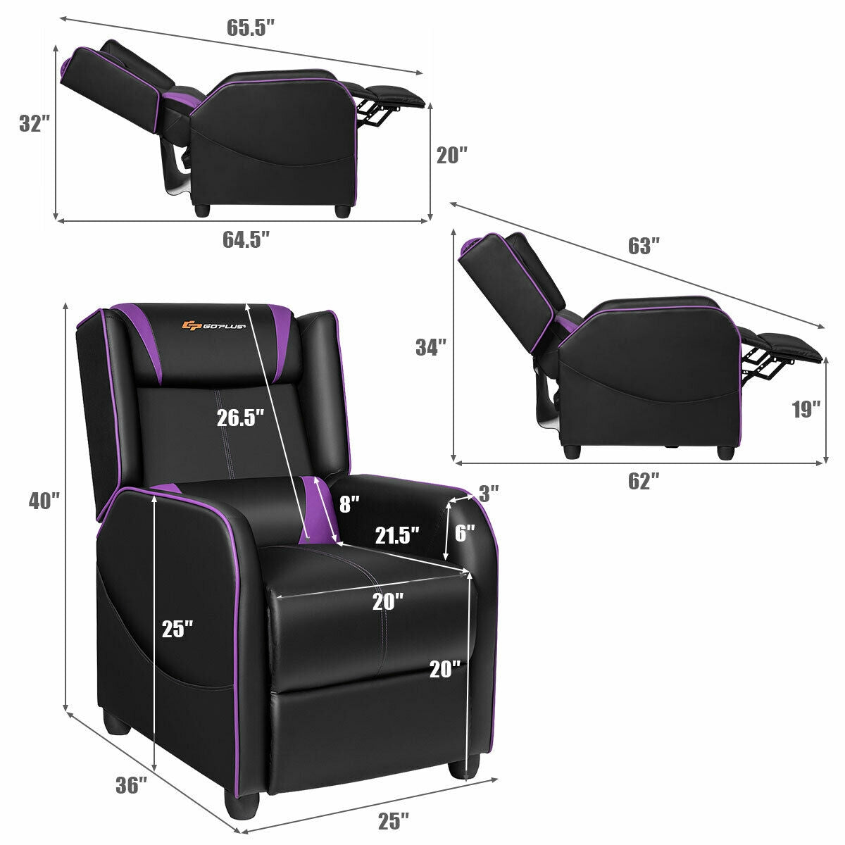Home Massage Gaming Recliner Chair-Purple Kids Crystal