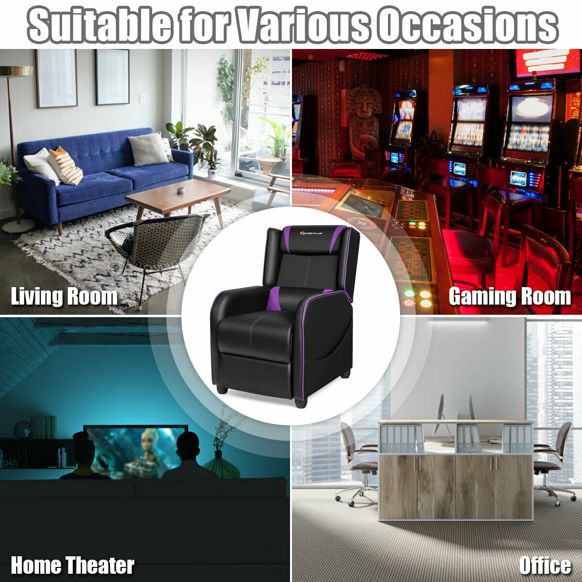 Home Massage Gaming Recliner Chair-Purple Kids Crystal
