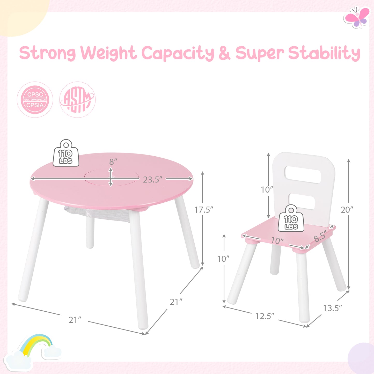 Wood Activity Kids Table and Chair Set with Center Mesh Storage for Snack Time and Homework-Pink Kids Crystal