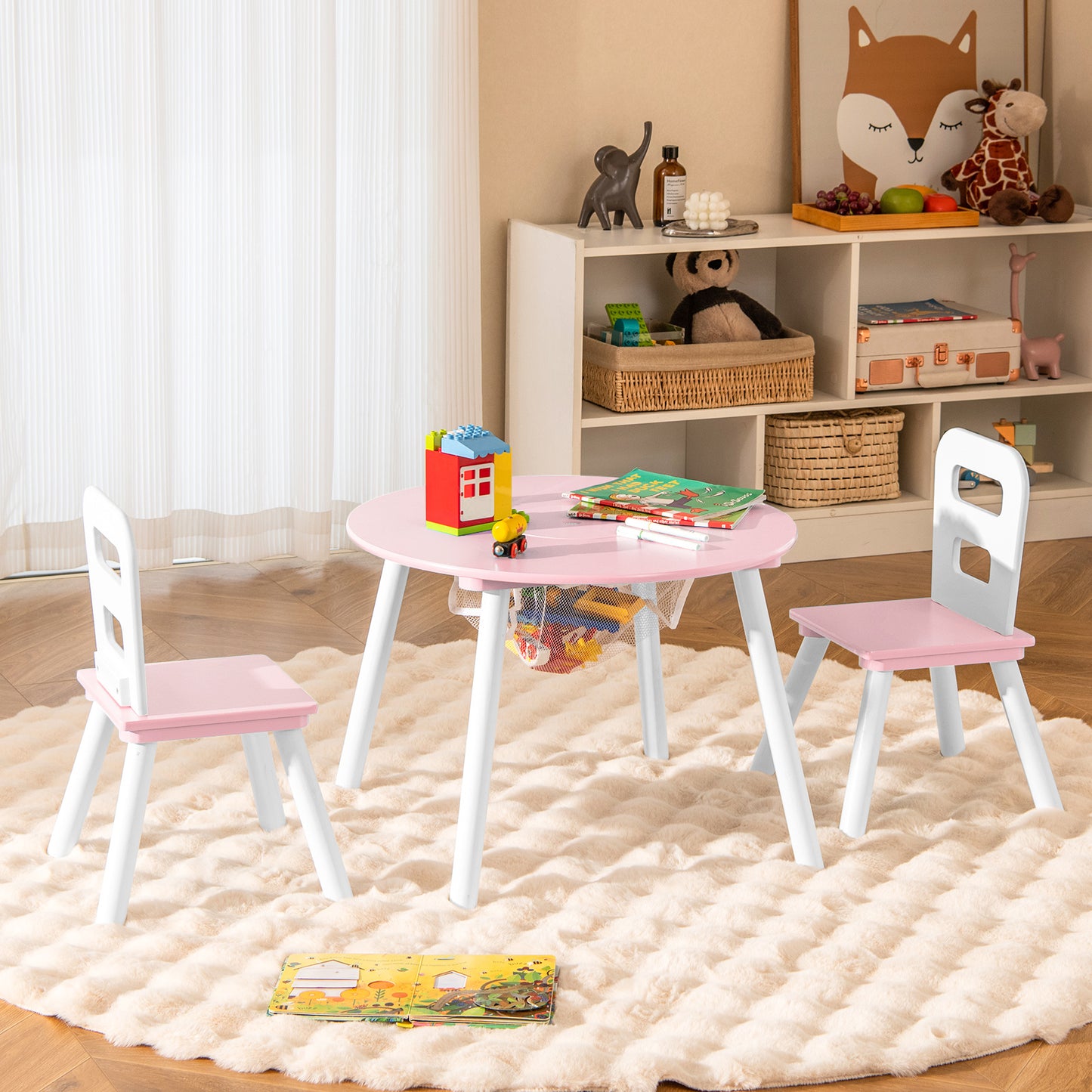 Wood Activity Kids Table and Chair Set with Center Mesh Storage for Snack Time and Homework-Pink Kids Crystal