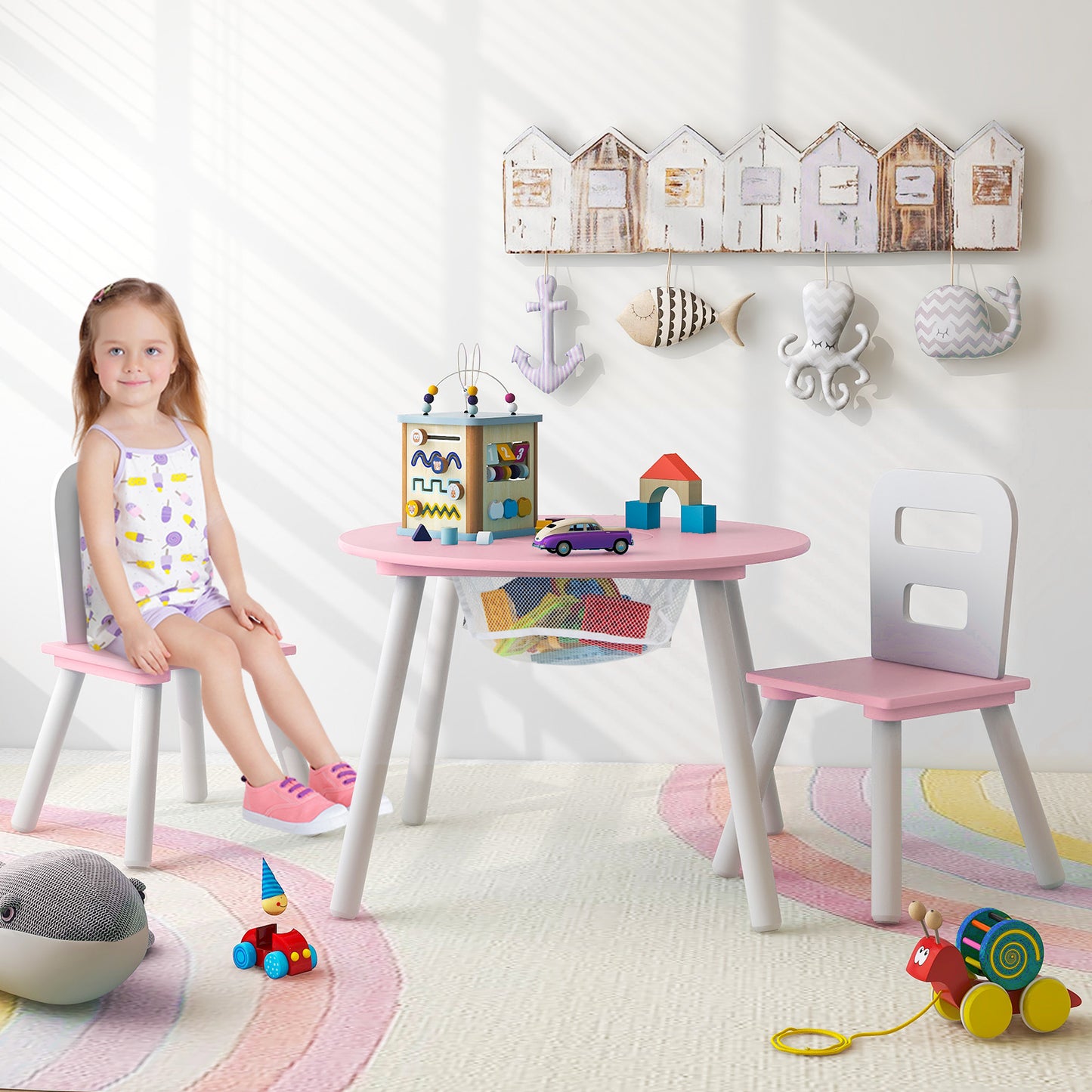 Wood Activity Kids Table and Chair Set with Center Mesh Storage for Snack Time and Homework-Pink Kids Crystal