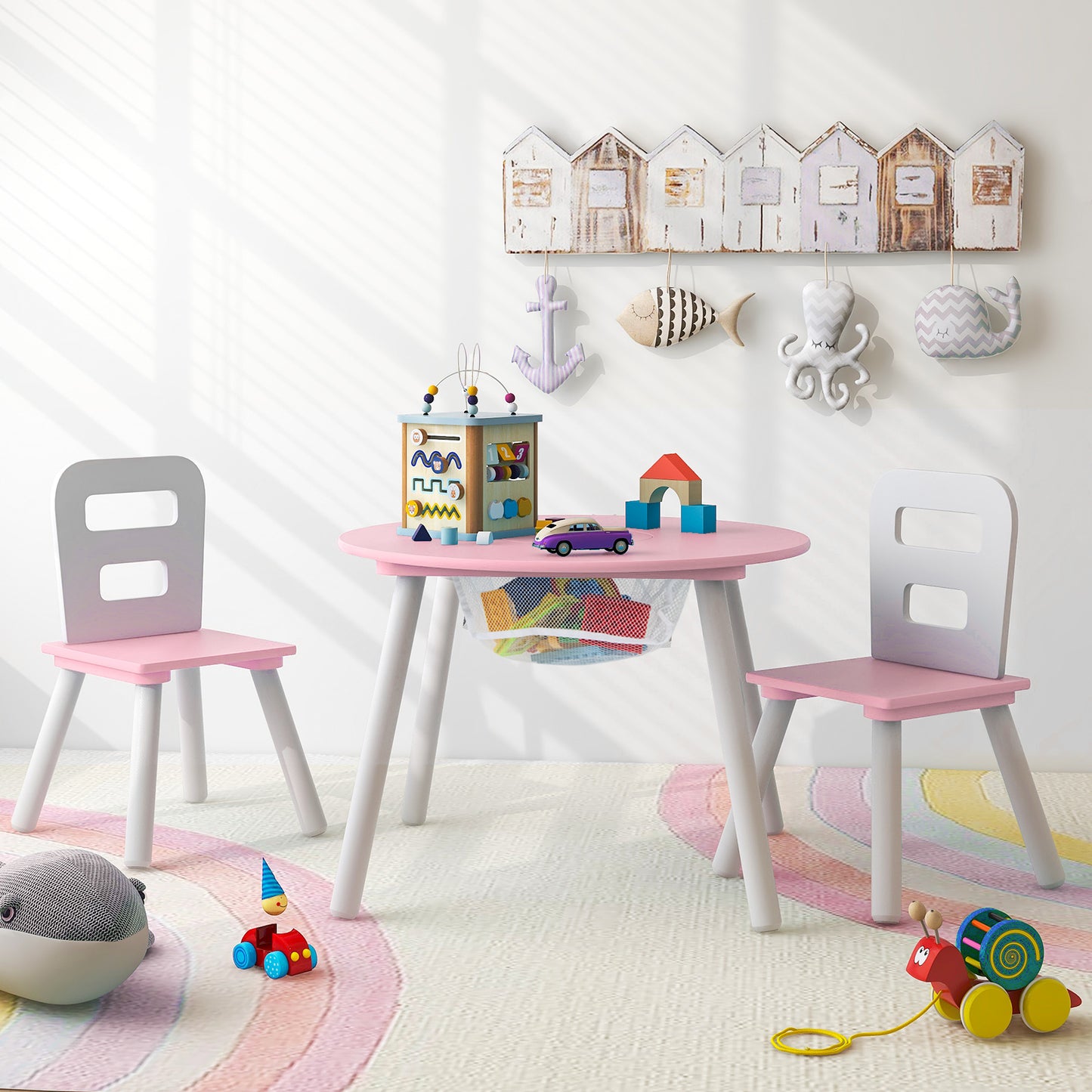 Wood Activity Kids Table and Chair Set with Center Mesh Storage for Snack Time and Homework-Pink Kids Crystal
