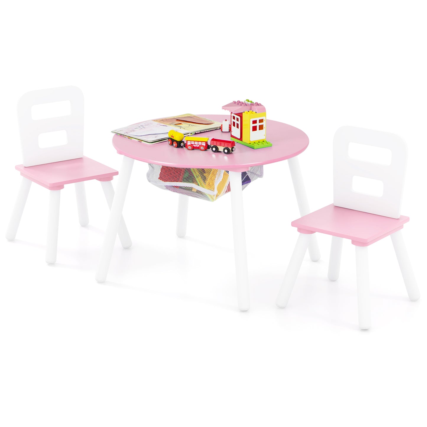 Wood Activity Kids Table and Chair Set with Center Mesh Storage for Snack Time and Homework-Pink Kids Crystal