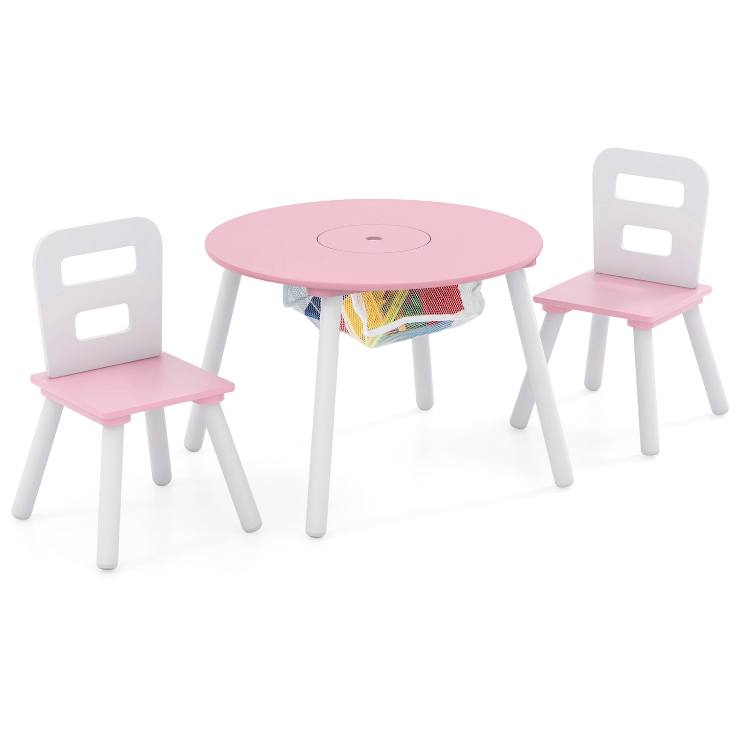 Wood Activity Kids Table and Chair Set with Center Mesh Storage for Snack Time and Homework-Pink Kids Crystal