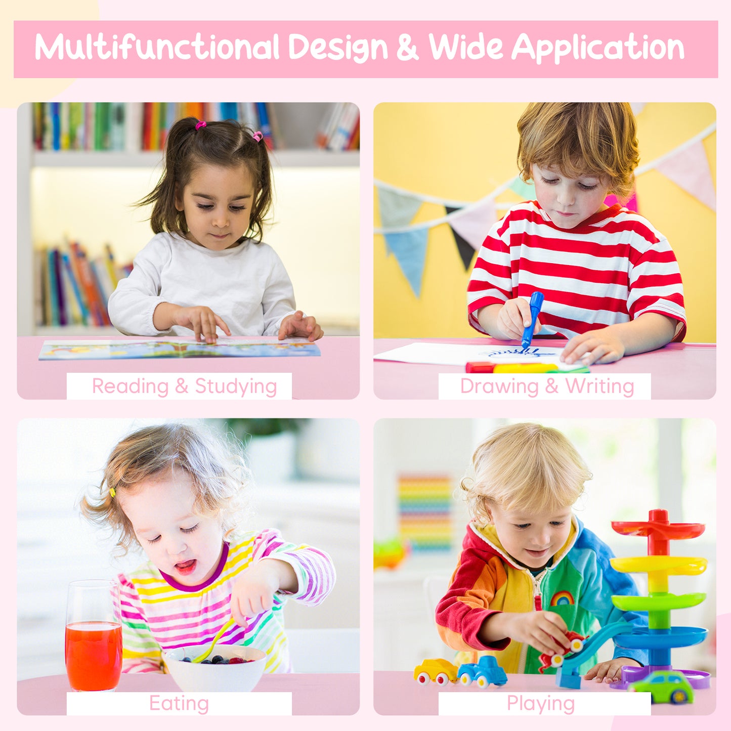 Wood Activity Kids Table and Chair Set with Center Mesh Storage for Snack Time and Homework-Pink Kids Crystal