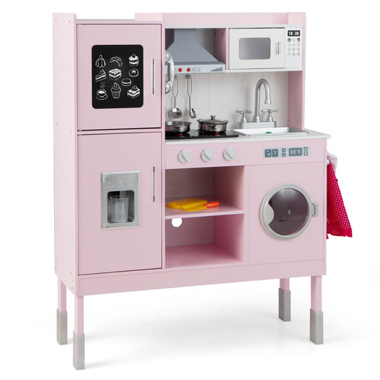 Wooden Pretend Play Kitchen for Kids with 16 Pieces Accessories-Pink Kids Crystal