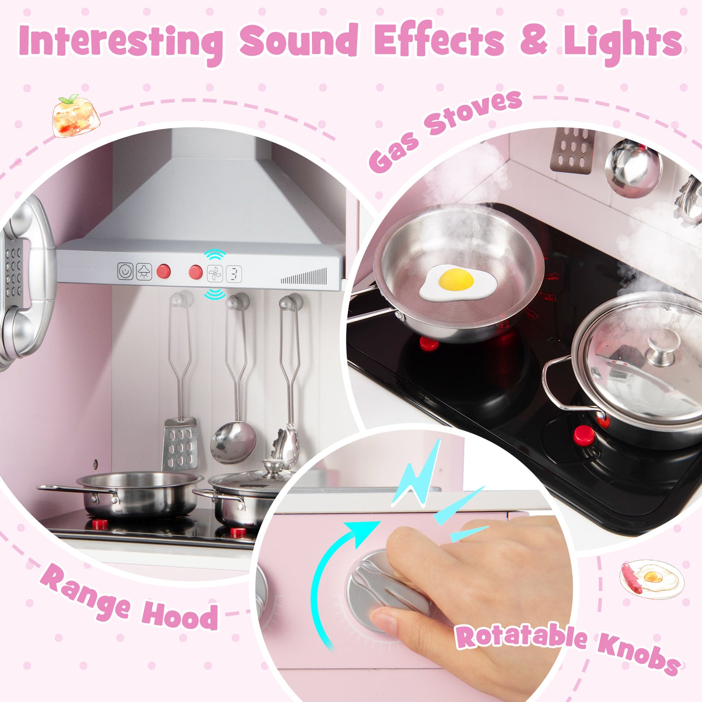 Wooden Pretend Play Kitchen for Kids with 16 Pieces Accessories-Pink Kids Crystal