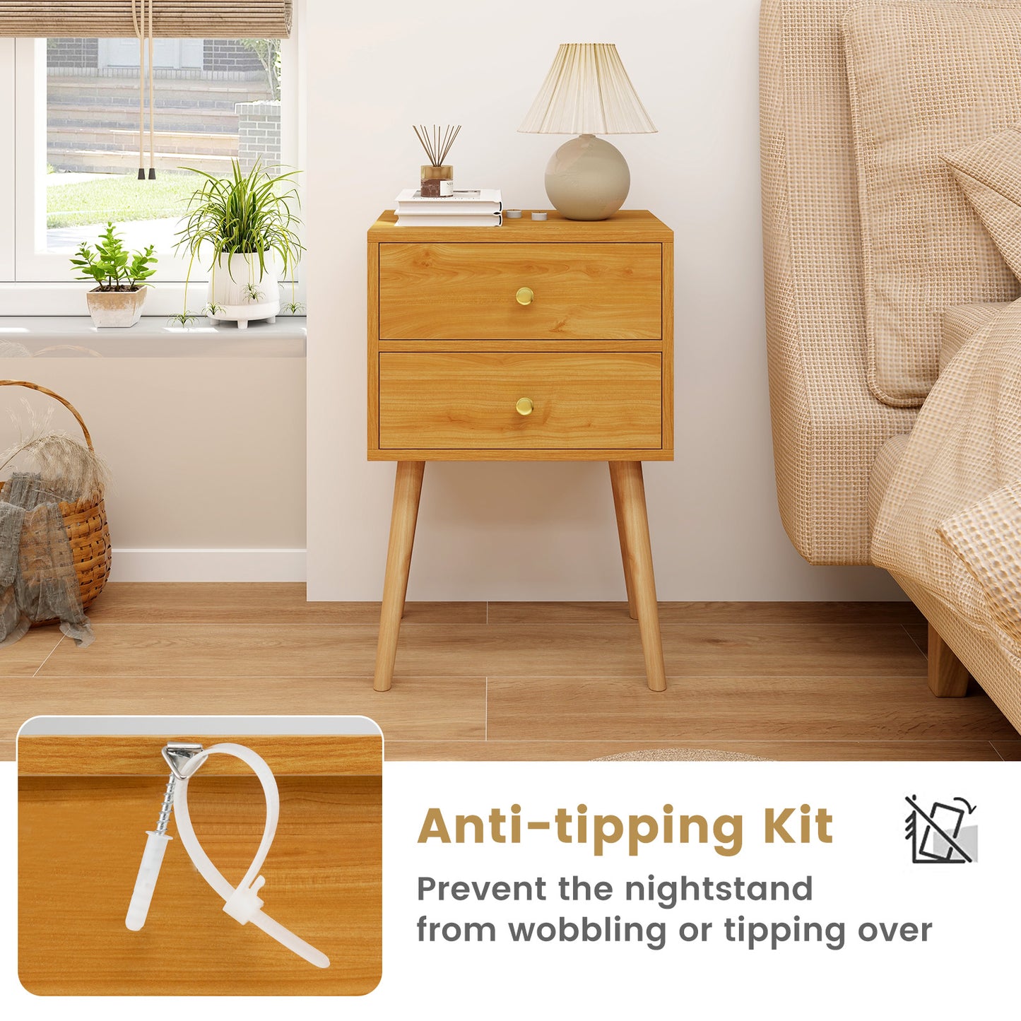 Nightstand Mid-century Modern Bedside Table with 2 Drawers-Natural Kids Crystal