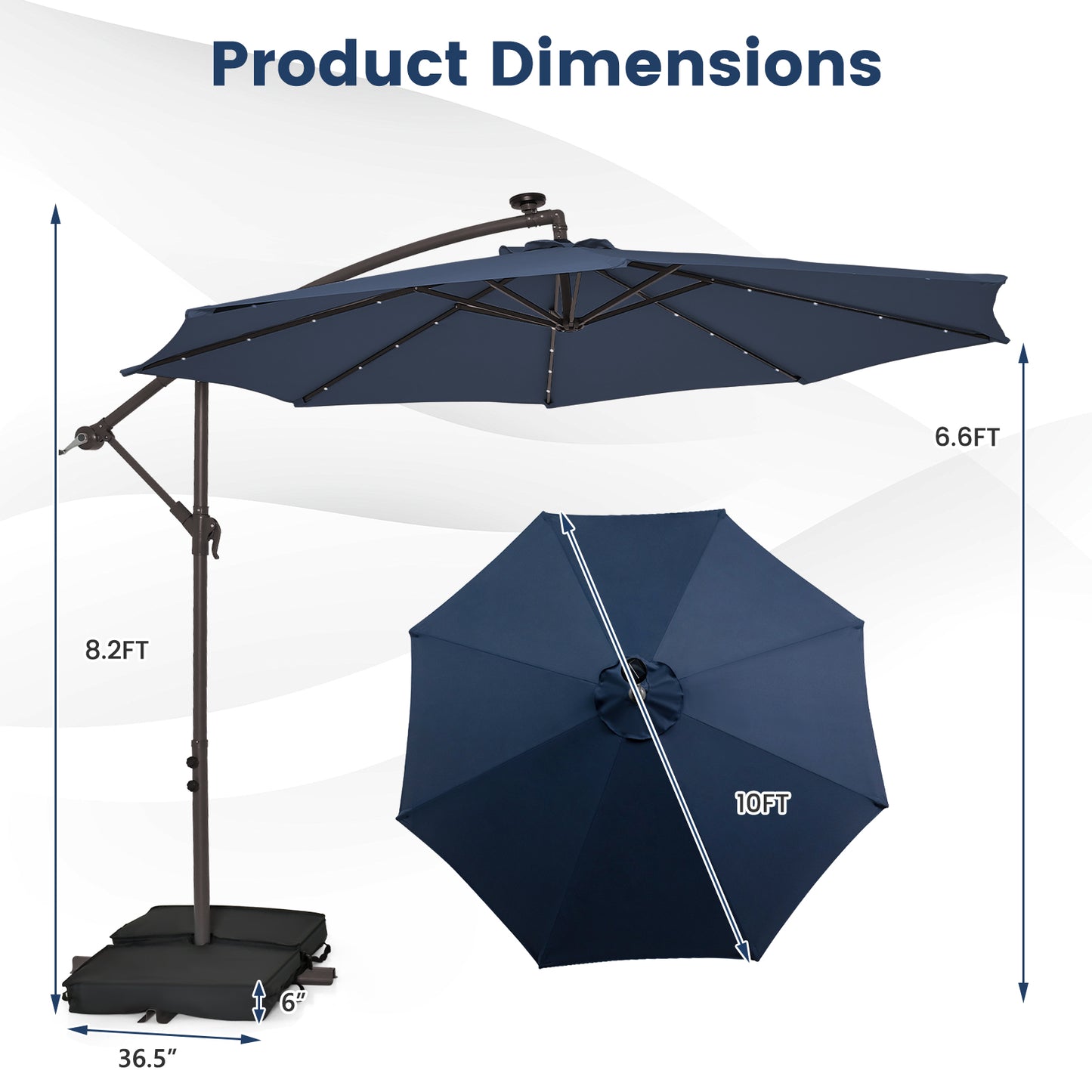 10 Feet Cantilever Umbrella with 32 LED Lights and Solar Panel Batteries-Navy Kids Crystal