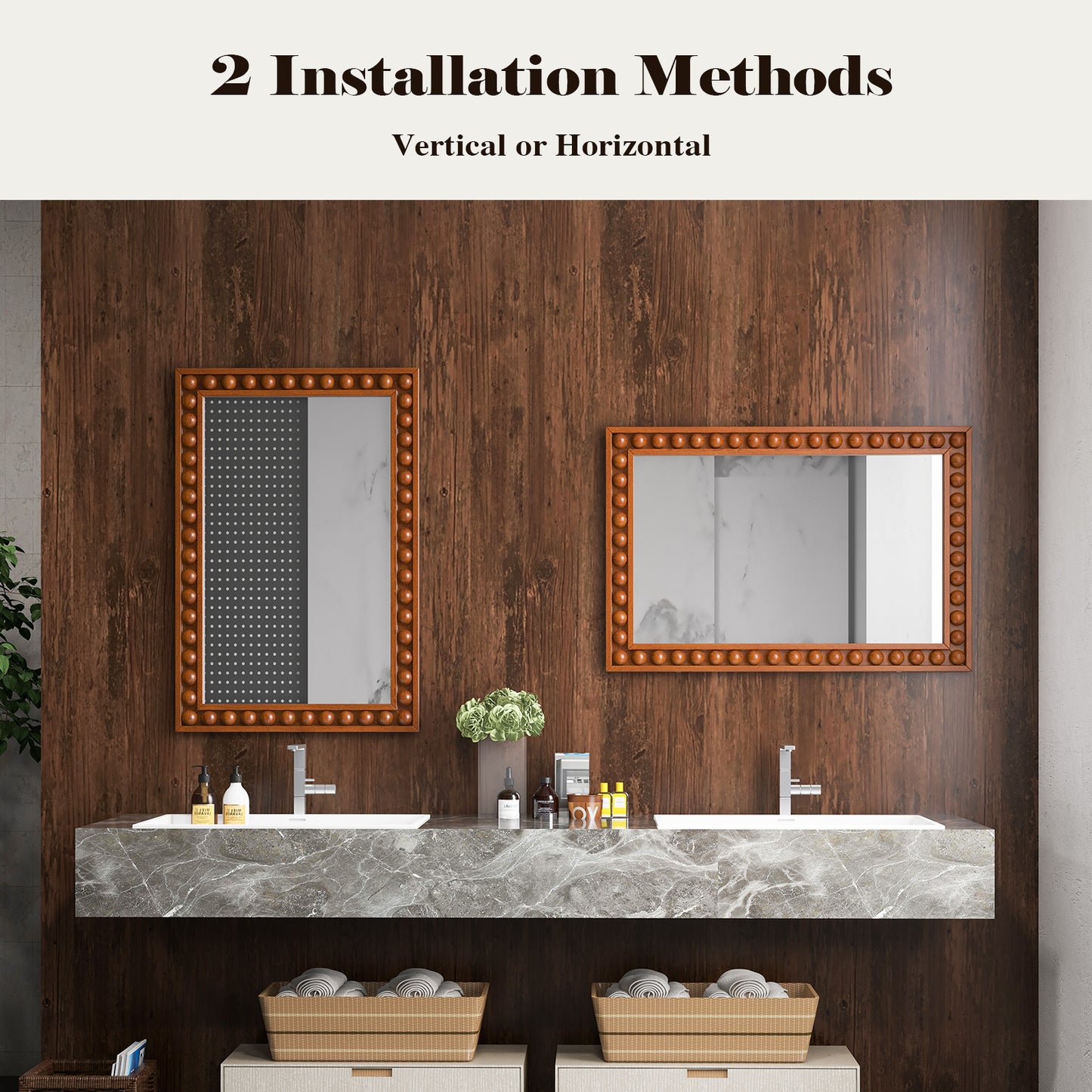24 x 36 Inches Rustic Wall Mirror with Solid Wood Frame for Living Room Bedroom-Brown Kids Crystal