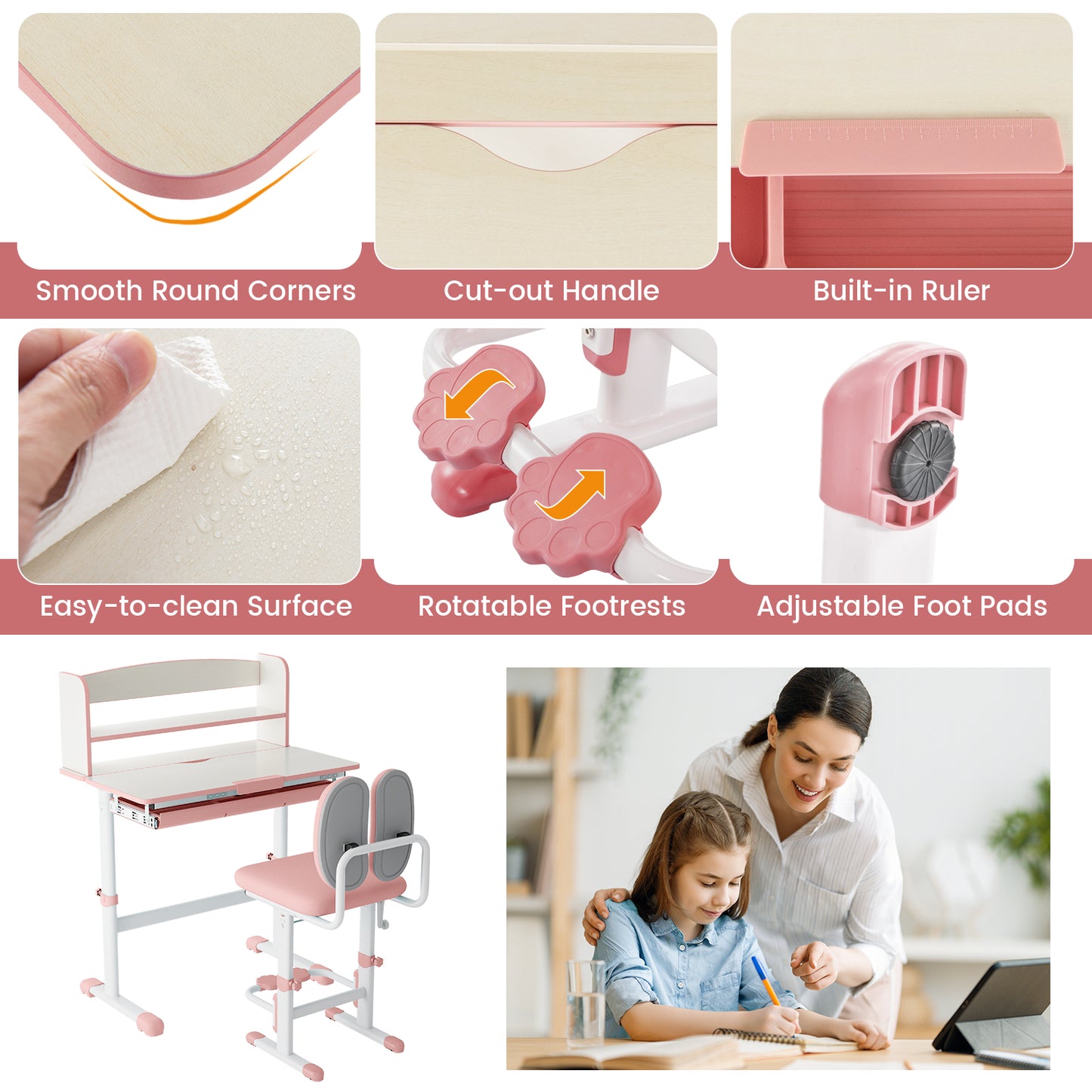 Kids Desk and Chair Set with Adjustable Height and Tilted Desktop-Pink Kids Crystal