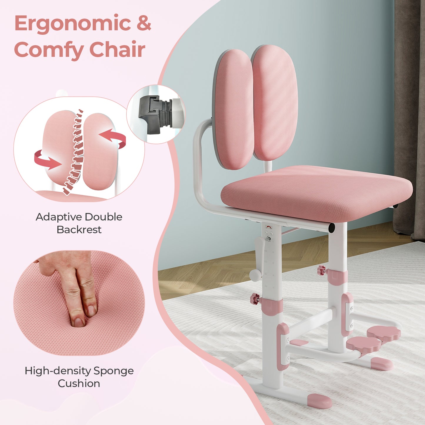 Kids Desk and Chair Set with Adjustable Height and Tilted Desktop-Pink Kids Crystal