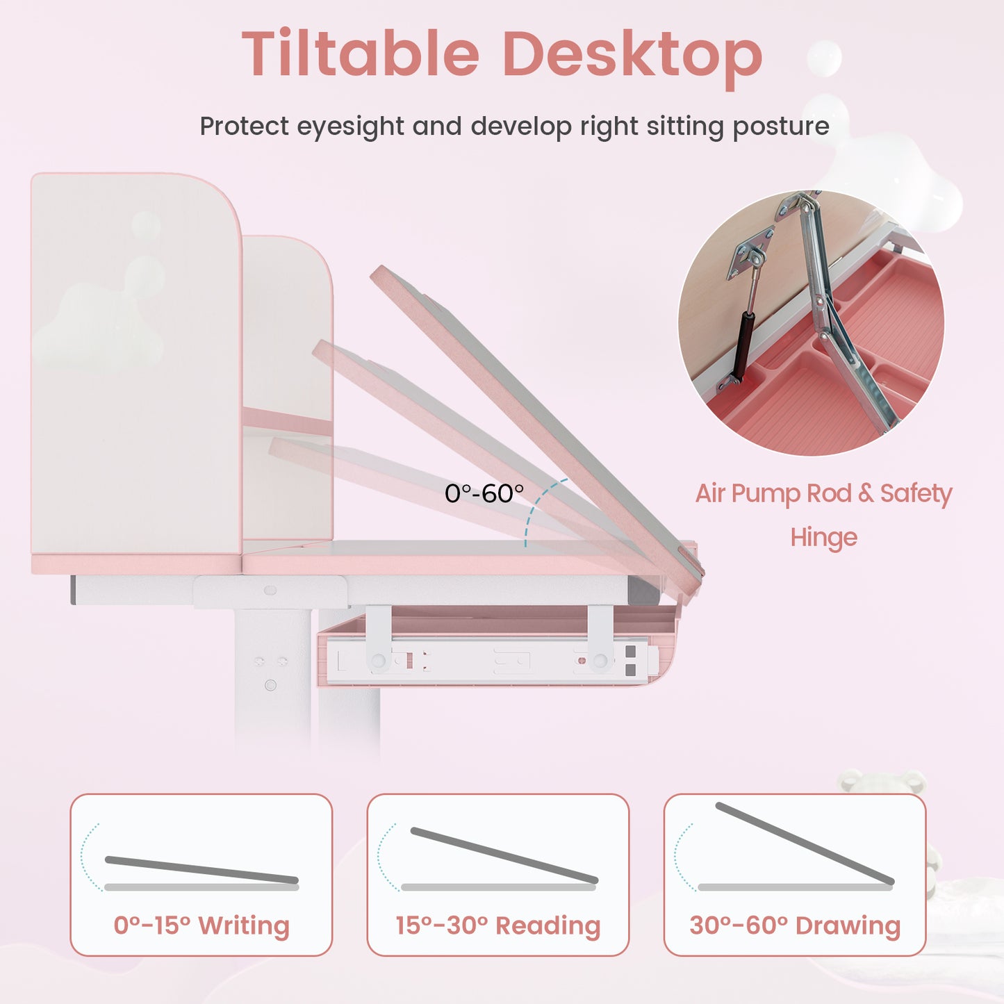 Kids Desk and Chair Set with Adjustable Height and Tilted Desktop-Pink Kids Crystal
