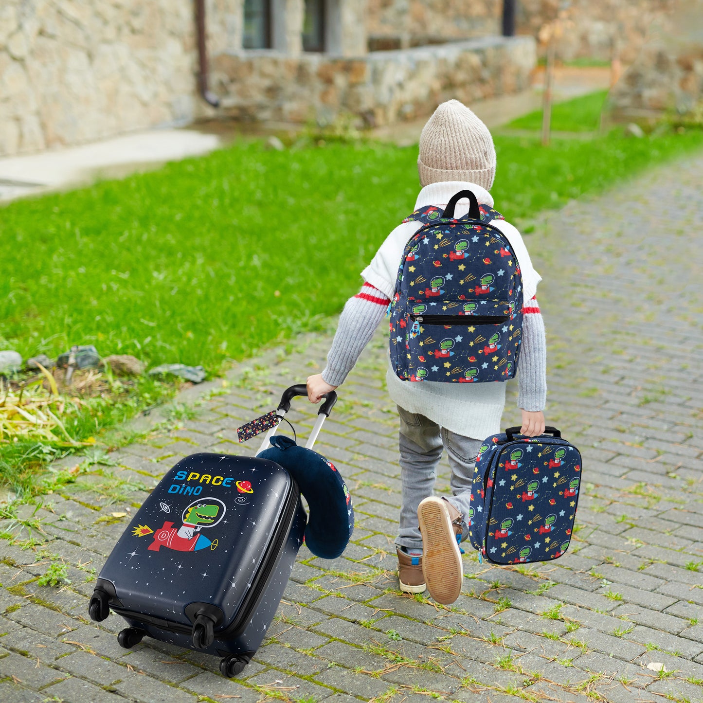 5 Piece Kids Luggage Set with Backpack Neck Pillow Name Tag Lunch Bag-Dark Blue Kids Crystal