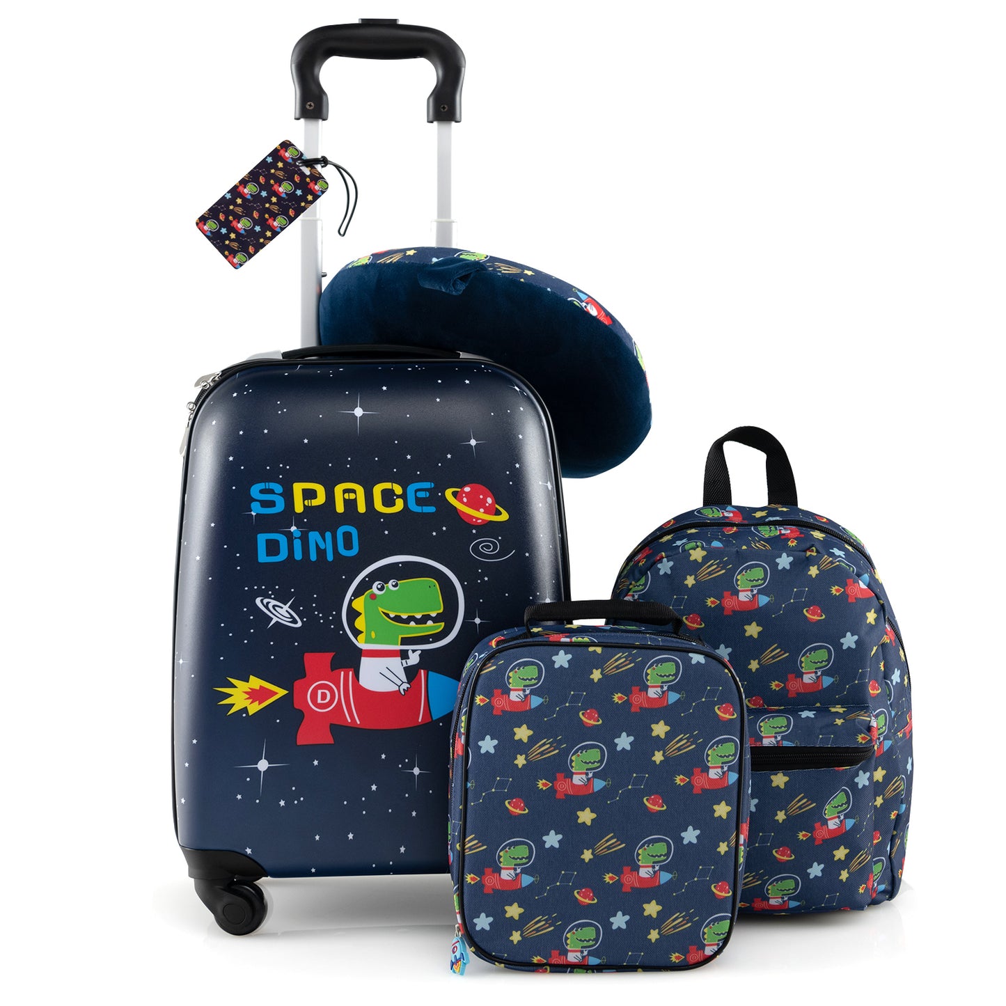 5 Piece Kids Luggage Set with Backpack Neck Pillow Name Tag Lunch Bag-Dark Blue Kids Crystal