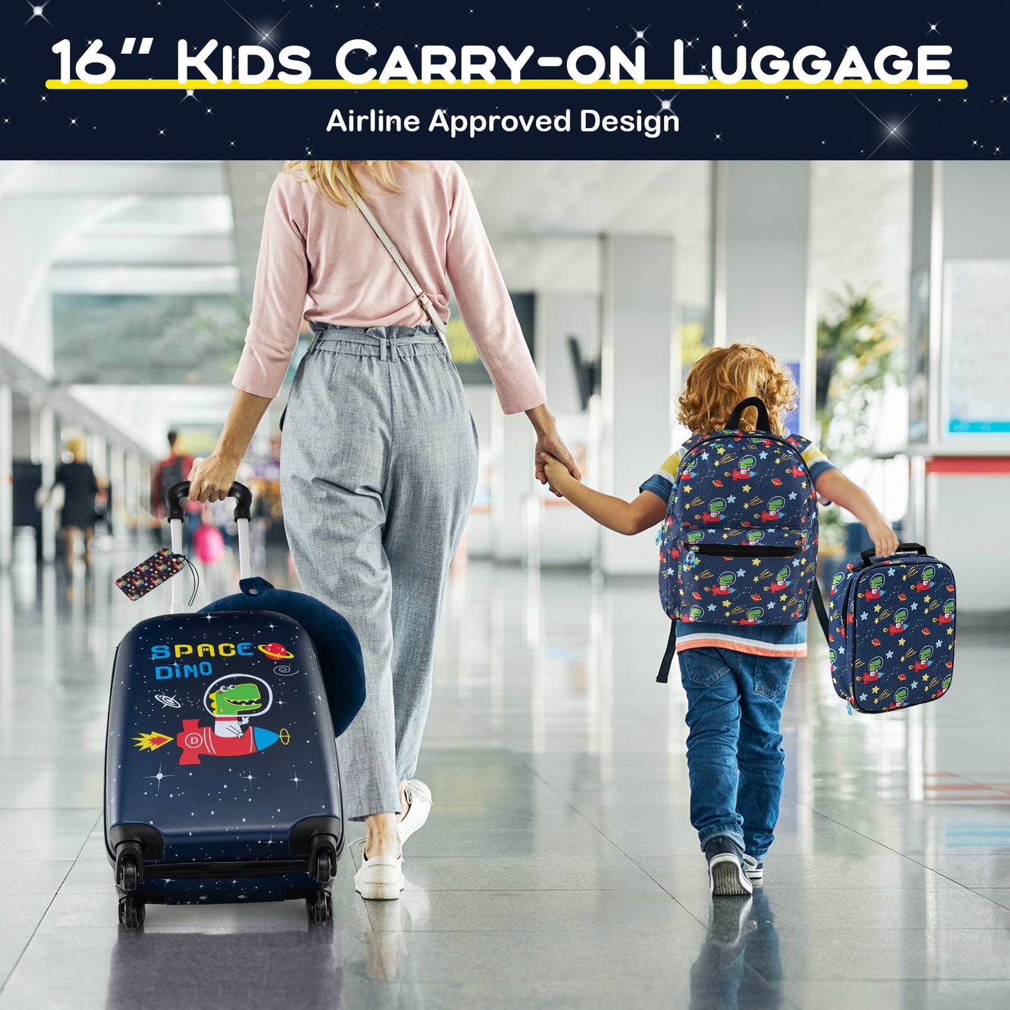 5 Piece Kids Luggage Set with Backpack Neck Pillow Name Tag Lunch Bag-Dark Blue Kids Crystal