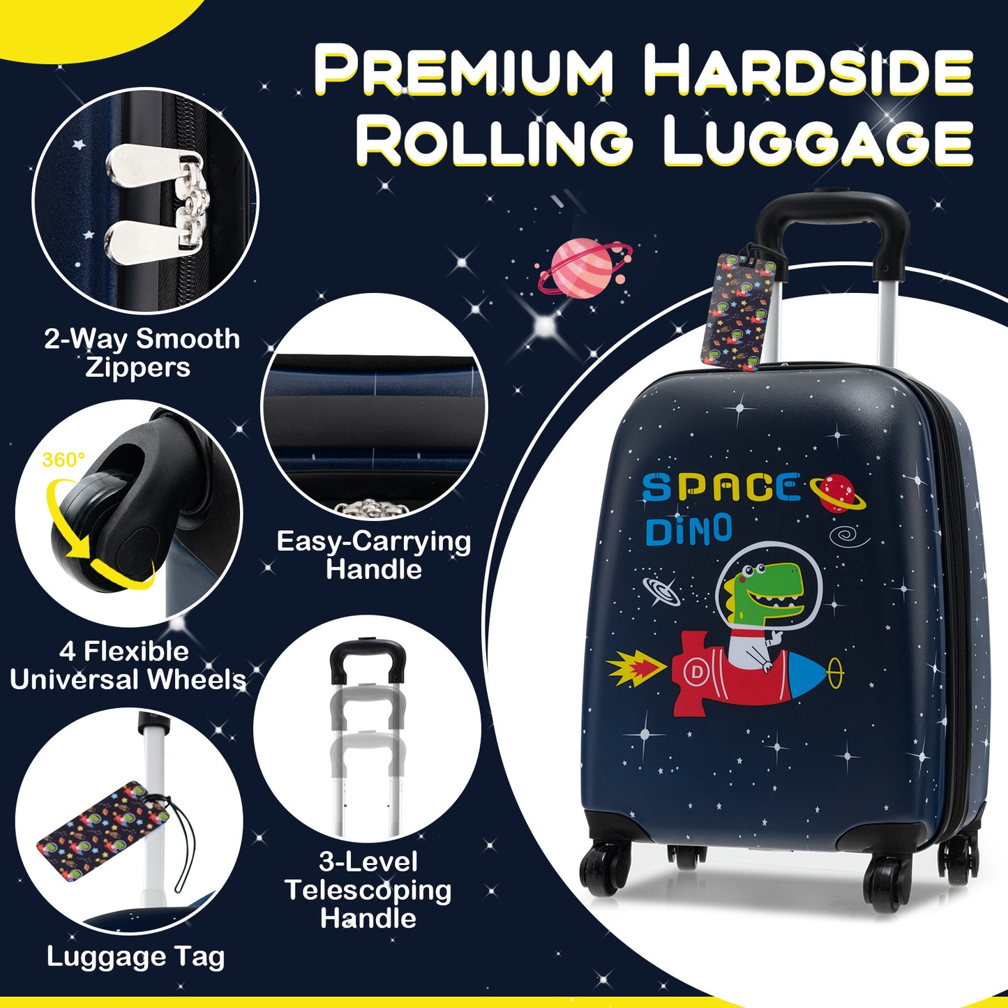 5 Piece Kids Luggage Set with Backpack Neck Pillow Name Tag Lunch Bag-Dark Blue Kids Crystal