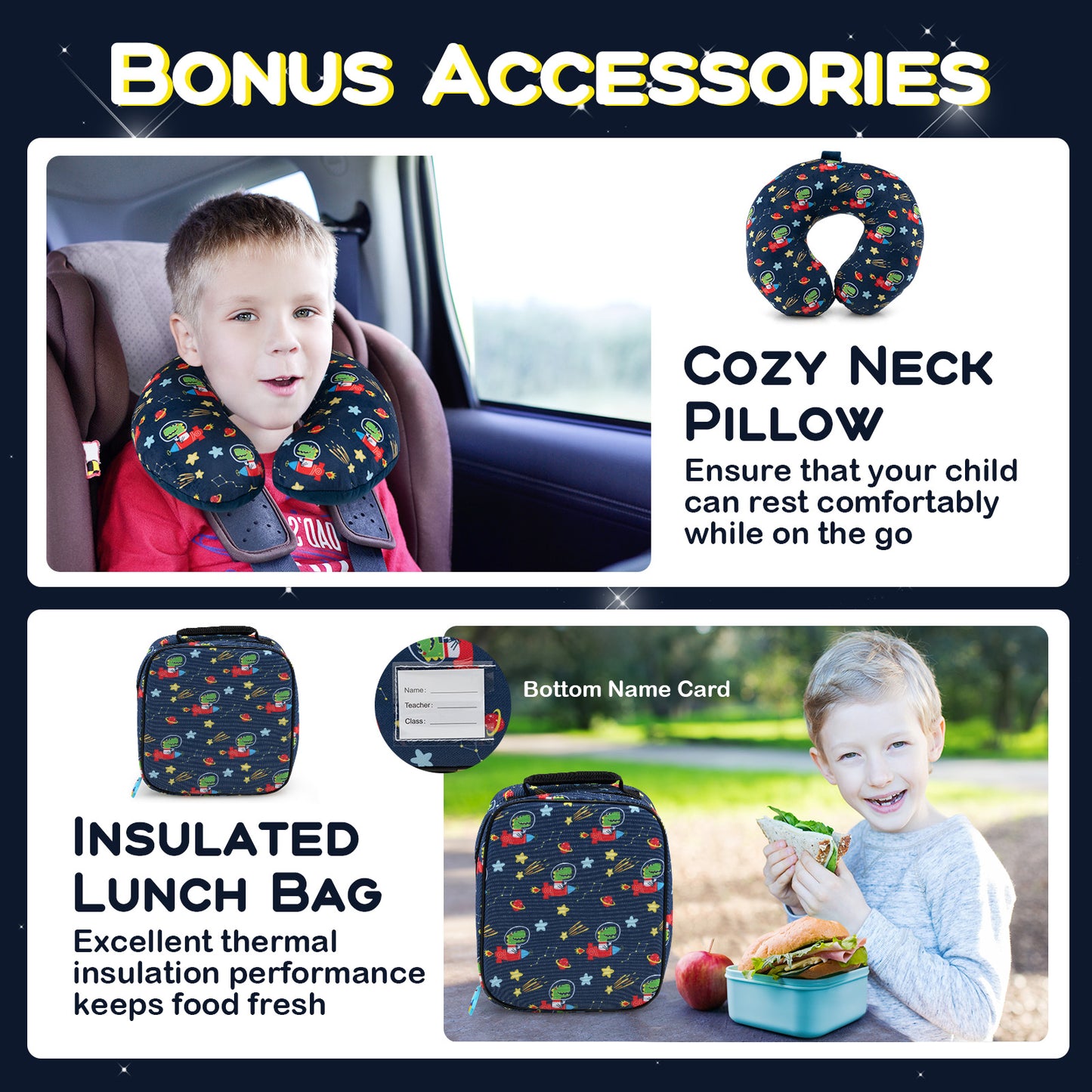 5 Piece Kids Luggage Set with Backpack Neck Pillow Name Tag Lunch Bag-Dark Blue Kids Crystal