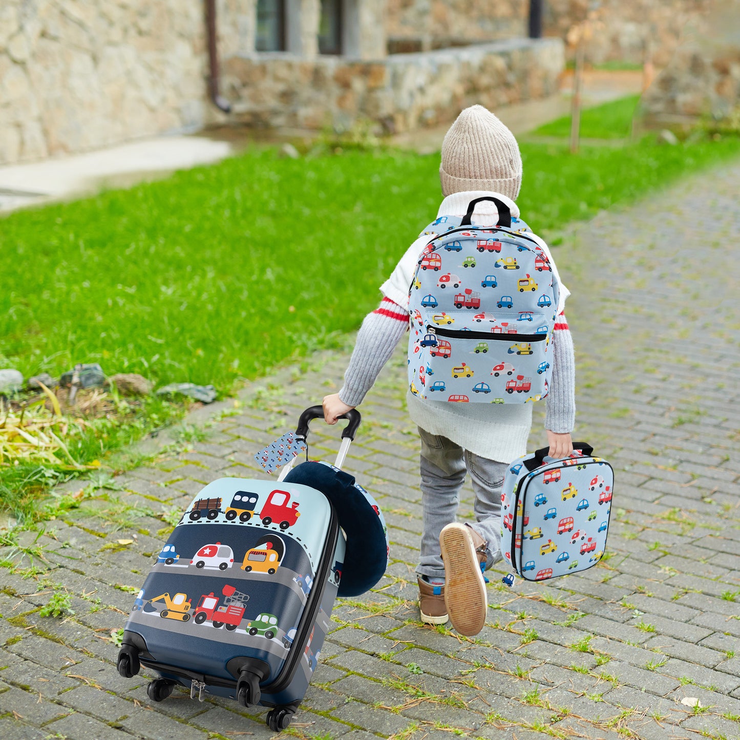 5 Piece Kids Luggage Set with Backpack Neck Pillow Name Tag Lunch Bag-Blue Kids Crystal