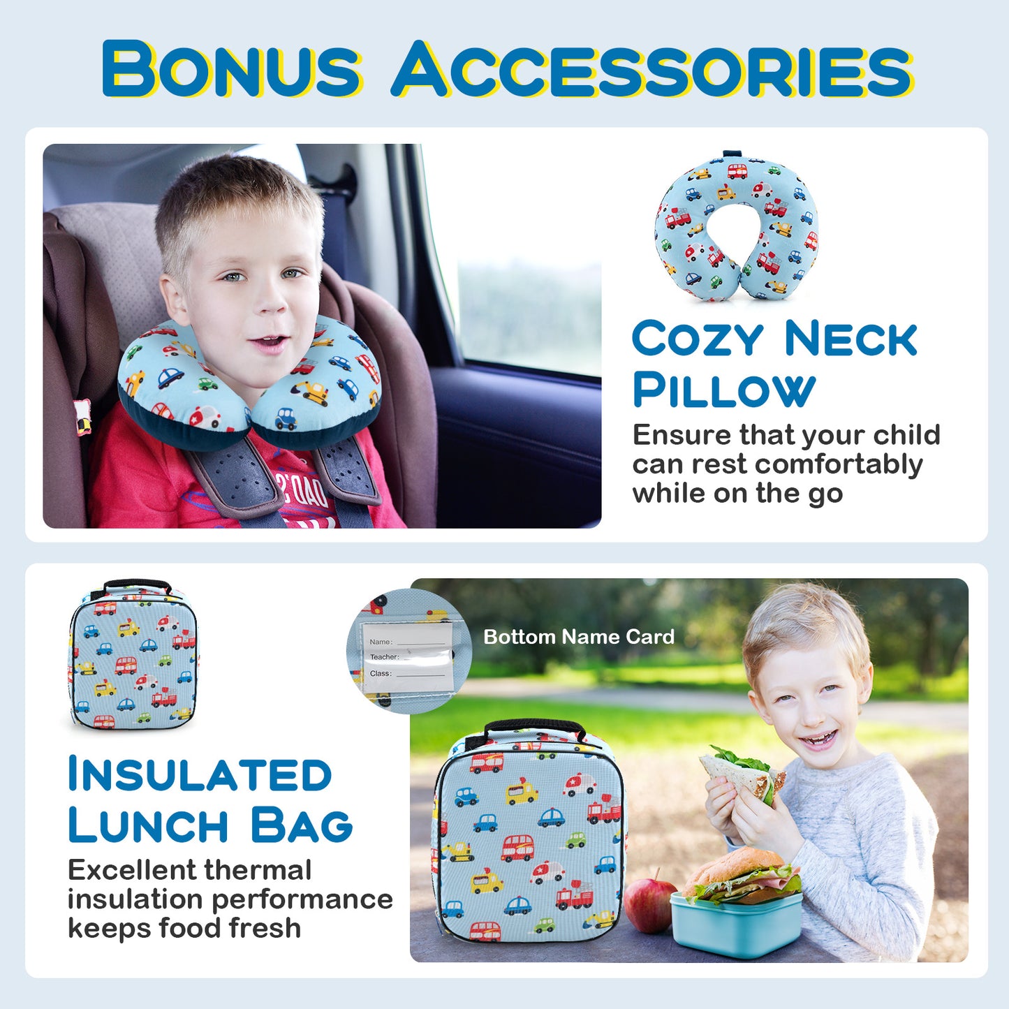 5 Piece Kids Luggage Set with Backpack Neck Pillow Name Tag Lunch Bag-Blue Kids Crystal