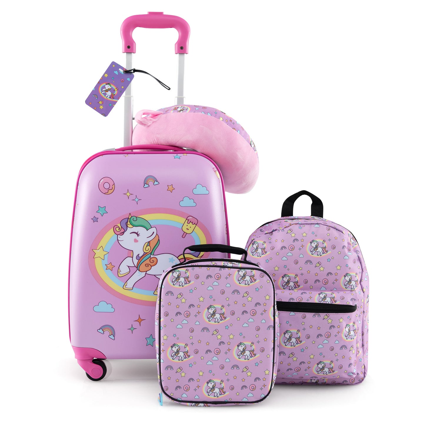 5 Piece Kids Luggage Set with Backpack Neck Pillow Name Tag Lunch Bag-Hot Pink Kids Crystal