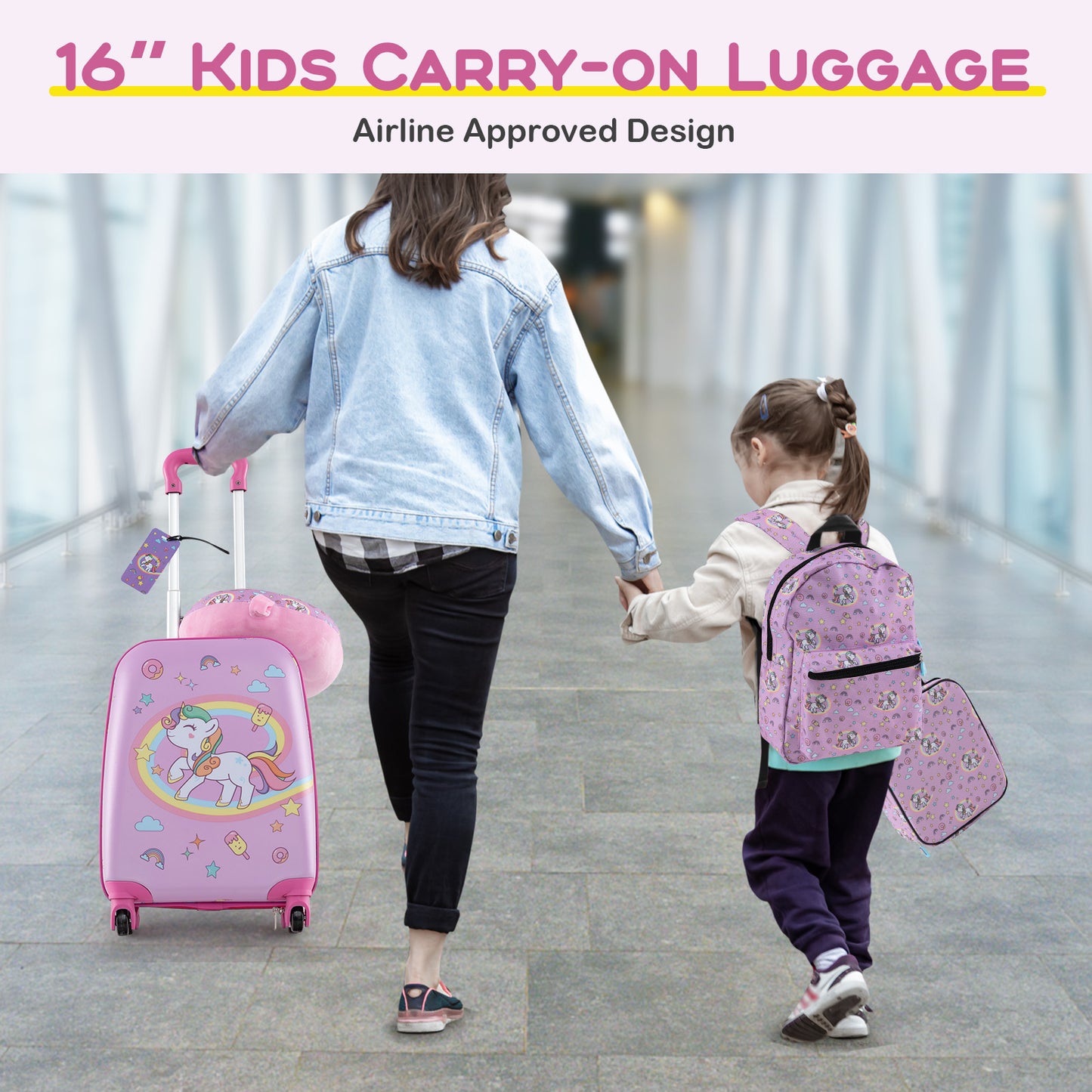 5 Piece Kids Luggage Set with Backpack Neck Pillow Name Tag Lunch Bag-Hot Pink Kids Crystal