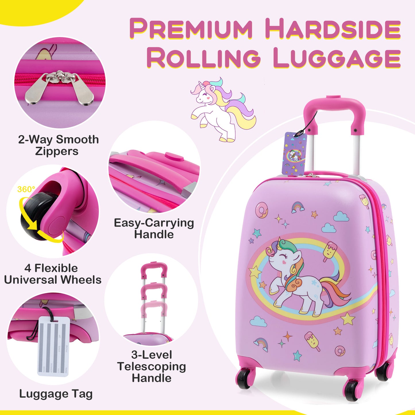 5 Piece Kids Luggage Set with Backpack Neck Pillow Name Tag Lunch Bag-Hot Pink Kids Crystal