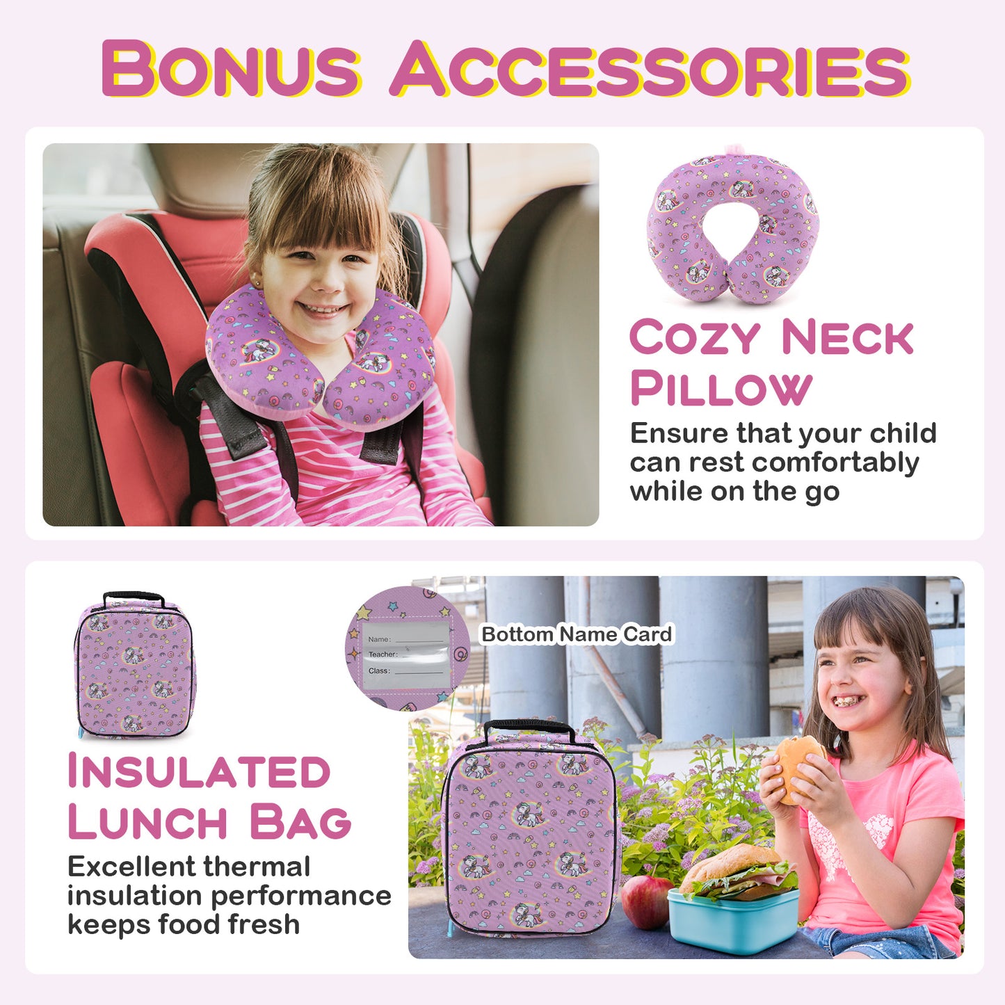 5 Piece Kids Luggage Set with Backpack Neck Pillow Name Tag Lunch Bag-Hot Pink Kids Crystal