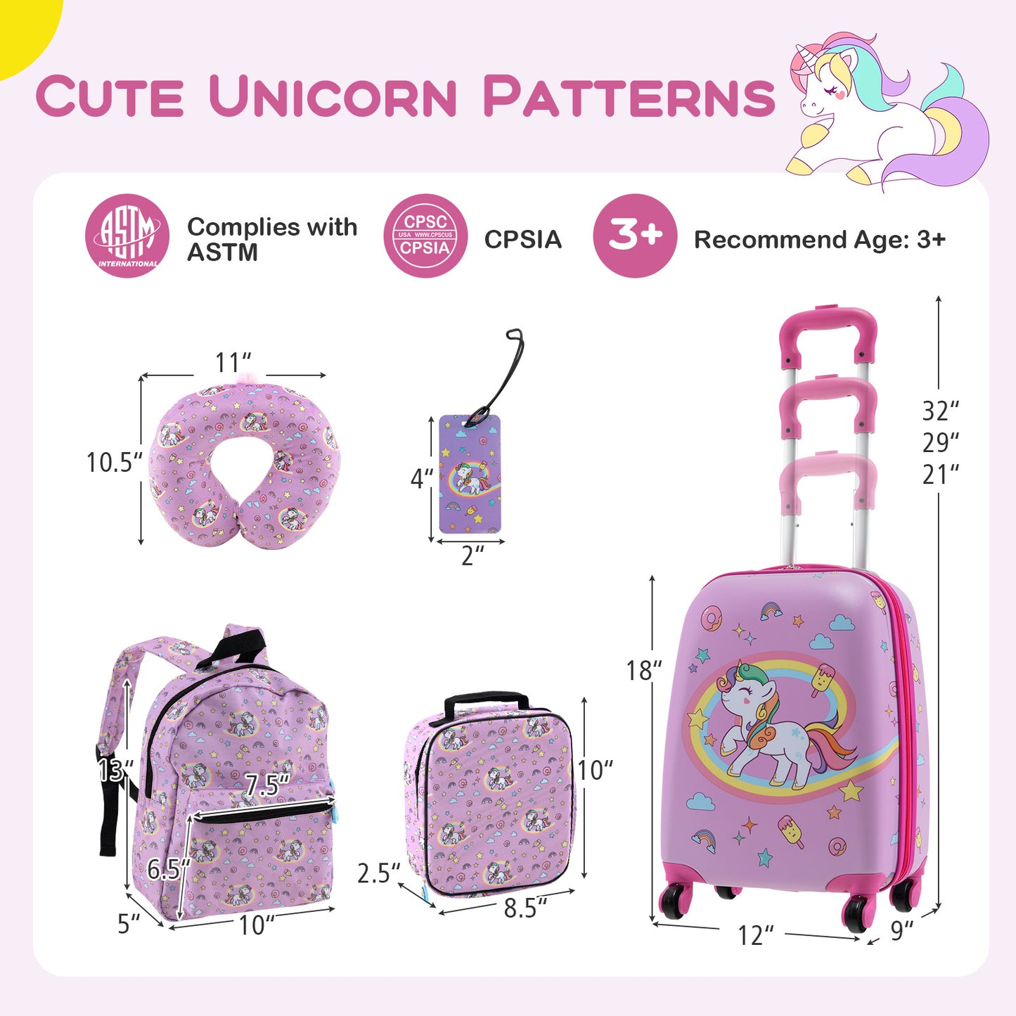 5 Piece Kids Luggage Set with Backpack Neck Pillow Name Tag Lunch Bag-Hot Pink Kids Crystal