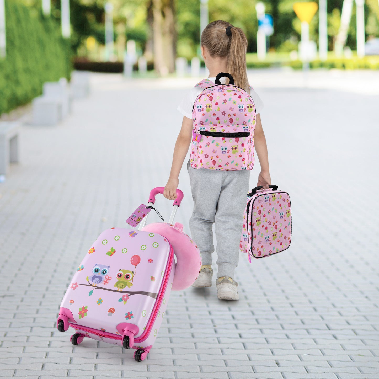 5 Piece Kids Luggage Set with Backpack Neck Pillow Name Tag Lunch Bag-Pink Kids Crystal