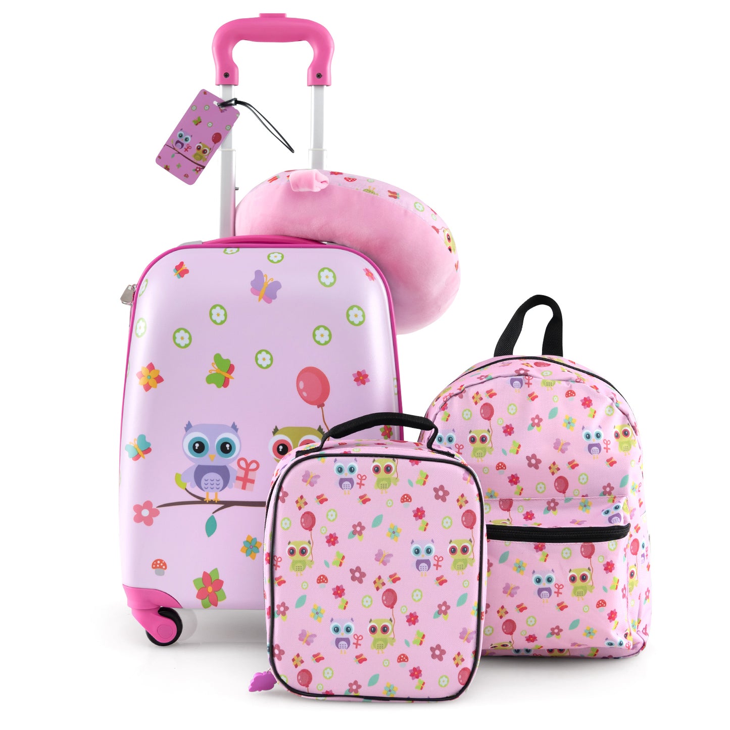 5 Piece Kids Luggage Set with Backpack Neck Pillow Name Tag Lunch Bag-Pink Kids Crystal