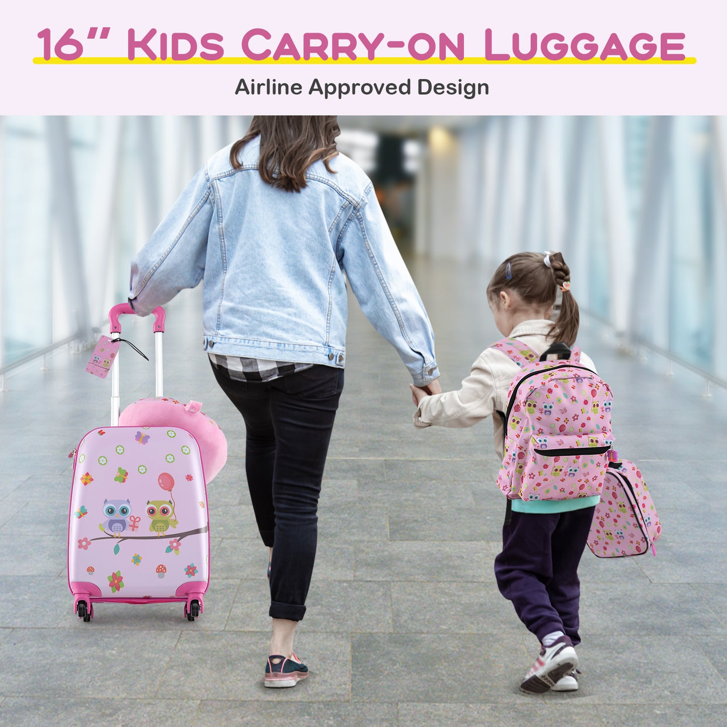 5 Piece Kids Luggage Set with Backpack Neck Pillow Name Tag Lunch Bag-Pink Kids Crystal