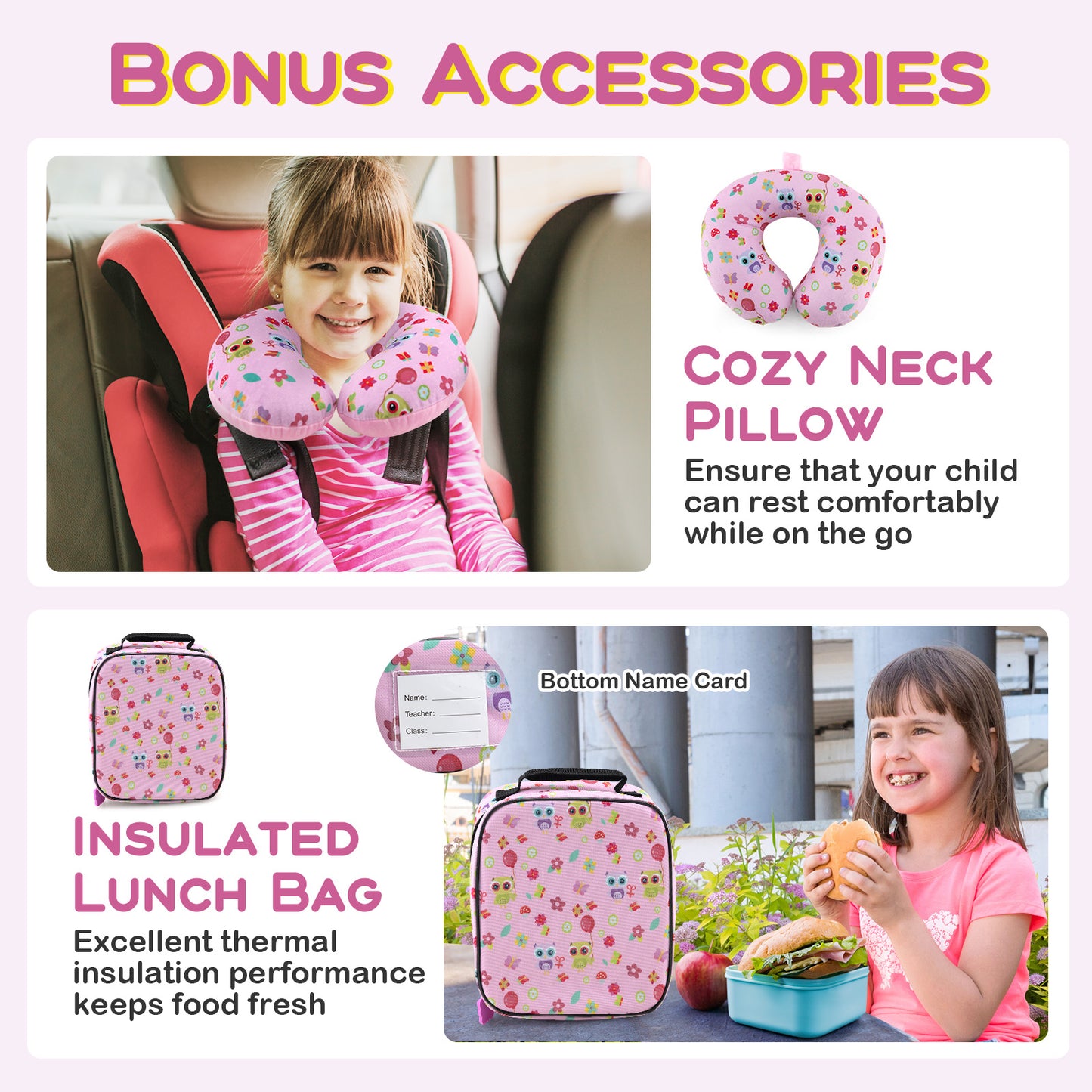 5 Piece Kids Luggage Set with Backpack Neck Pillow Name Tag Lunch Bag-Pink Kids Crystal
