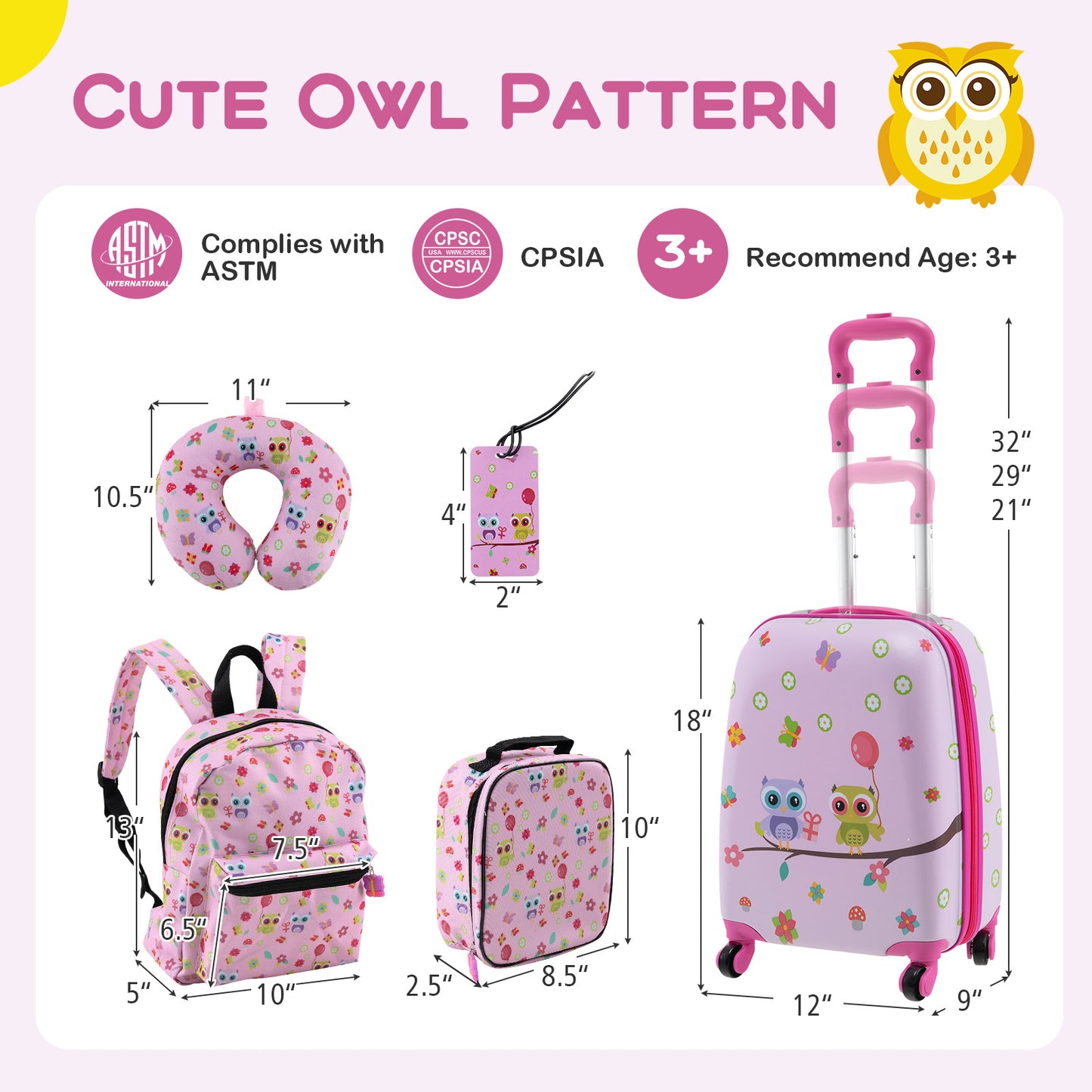 5 Piece Kids Luggage Set with Backpack Neck Pillow Name Tag Lunch Bag-Pink Kids Crystal