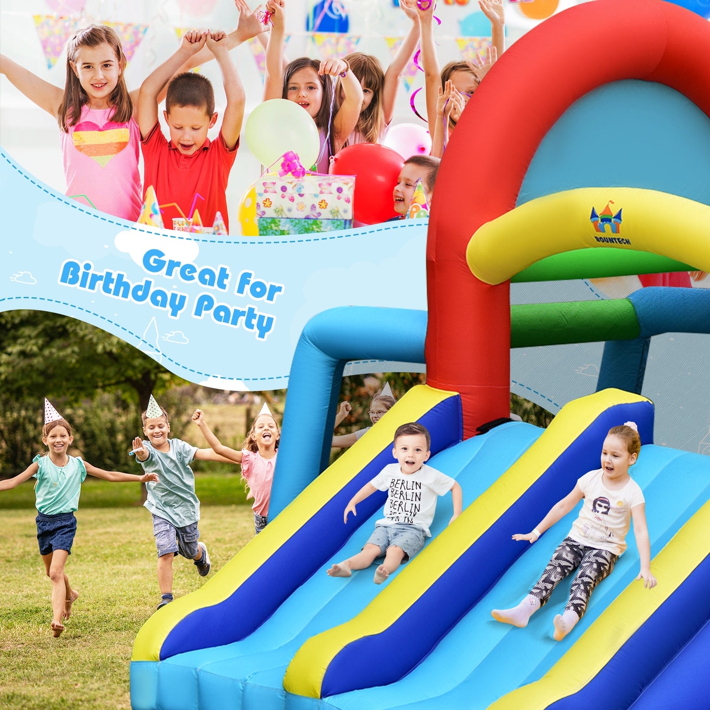 Inflatable Jumping Castle Bounce House with Dual Slides without Blower Kids Crystal