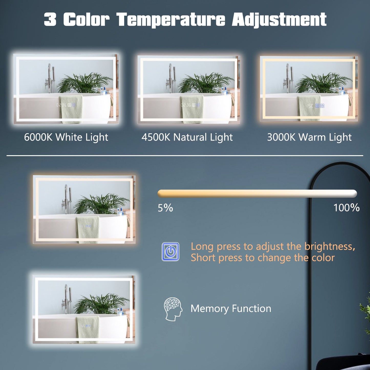 LED Bathroom Mirror Wall Mounted Rectangle Mirror with 3-Color Dimmable Lights-S Kids Crystal