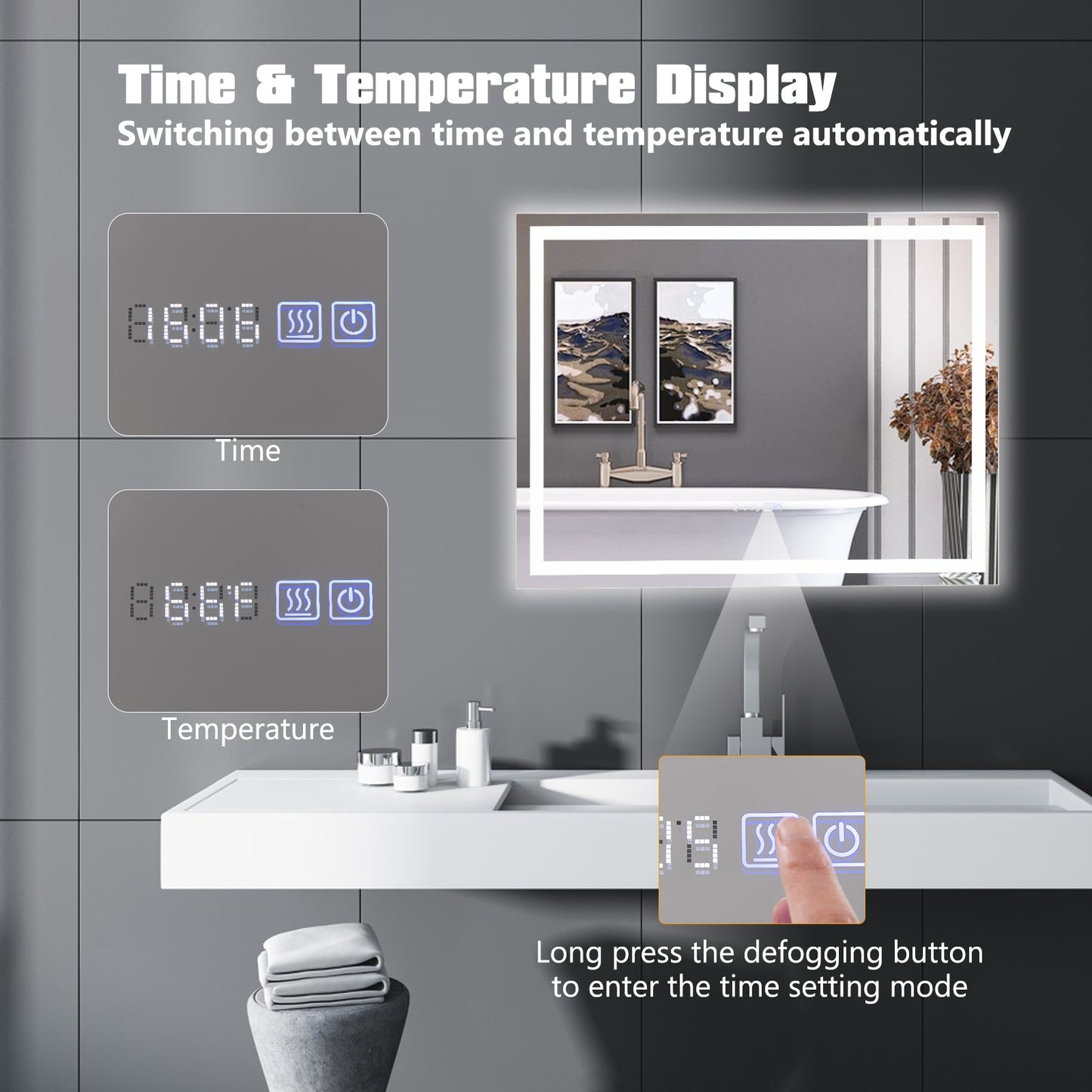 LED Bathroom Mirror Wall Mounted Rectangle Mirror with 3-Color Dimmable Lights-M Kids Crystal