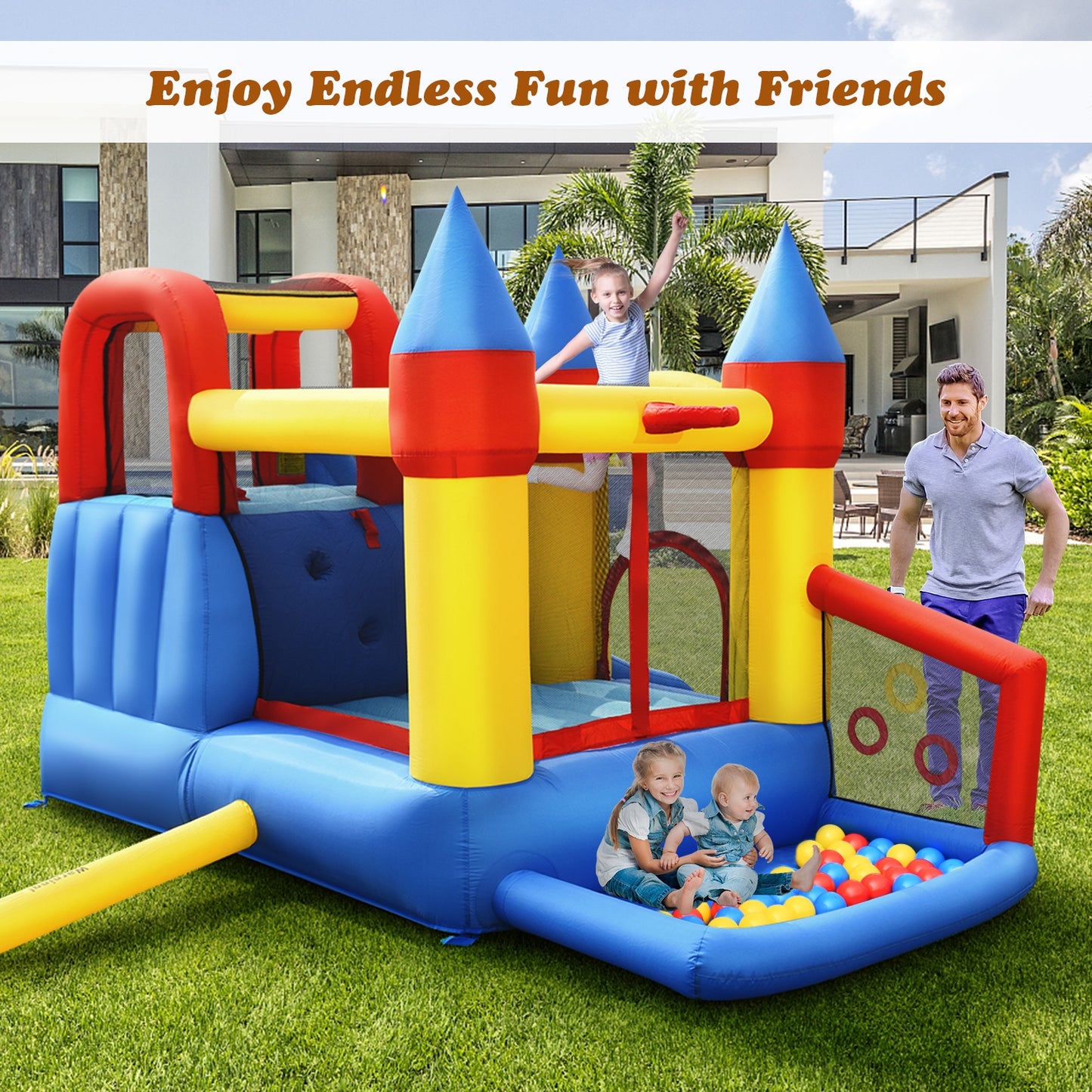 Inflatable Bounce House with Basketball Rim and 780W Blower Kids Crystal