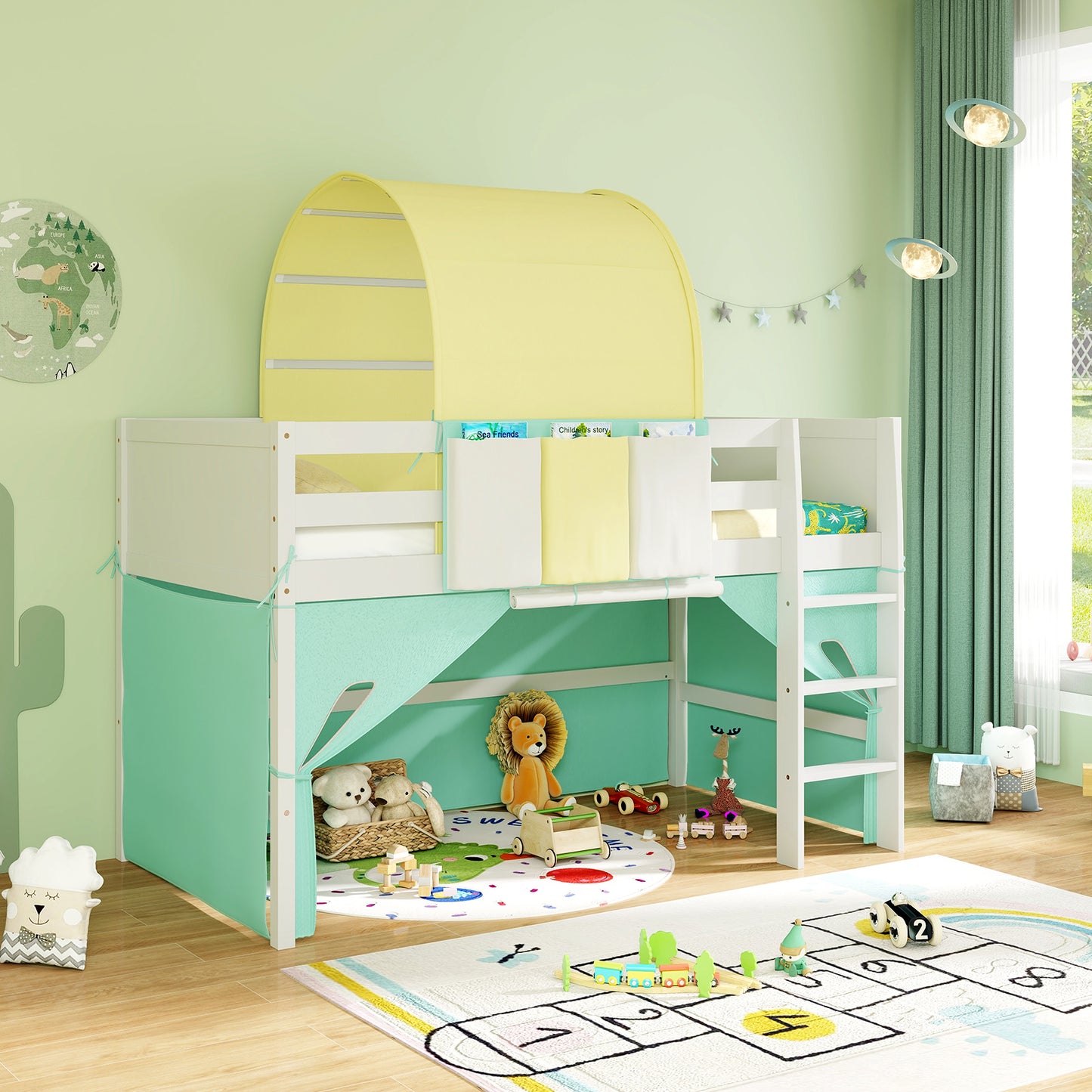 Twin Size Loft Bed Playhouse Bed Frame with Tower Tent and 3 Storage Pockets-Turquoise Kids Crystal