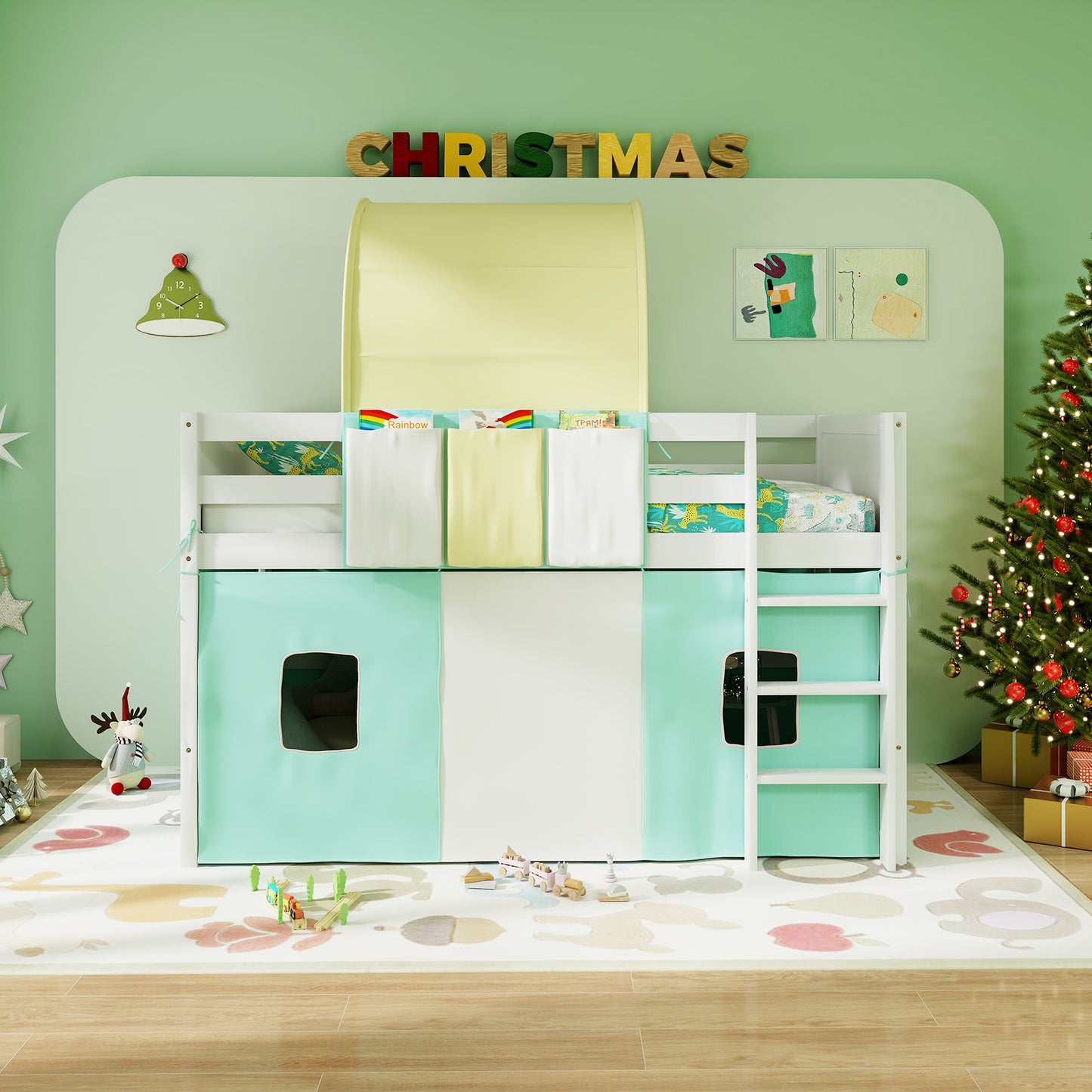 Twin Size Loft Bed Playhouse Bed Frame with Tower Tent and 3 Storage Pockets-Turquoise Kids Crystal
