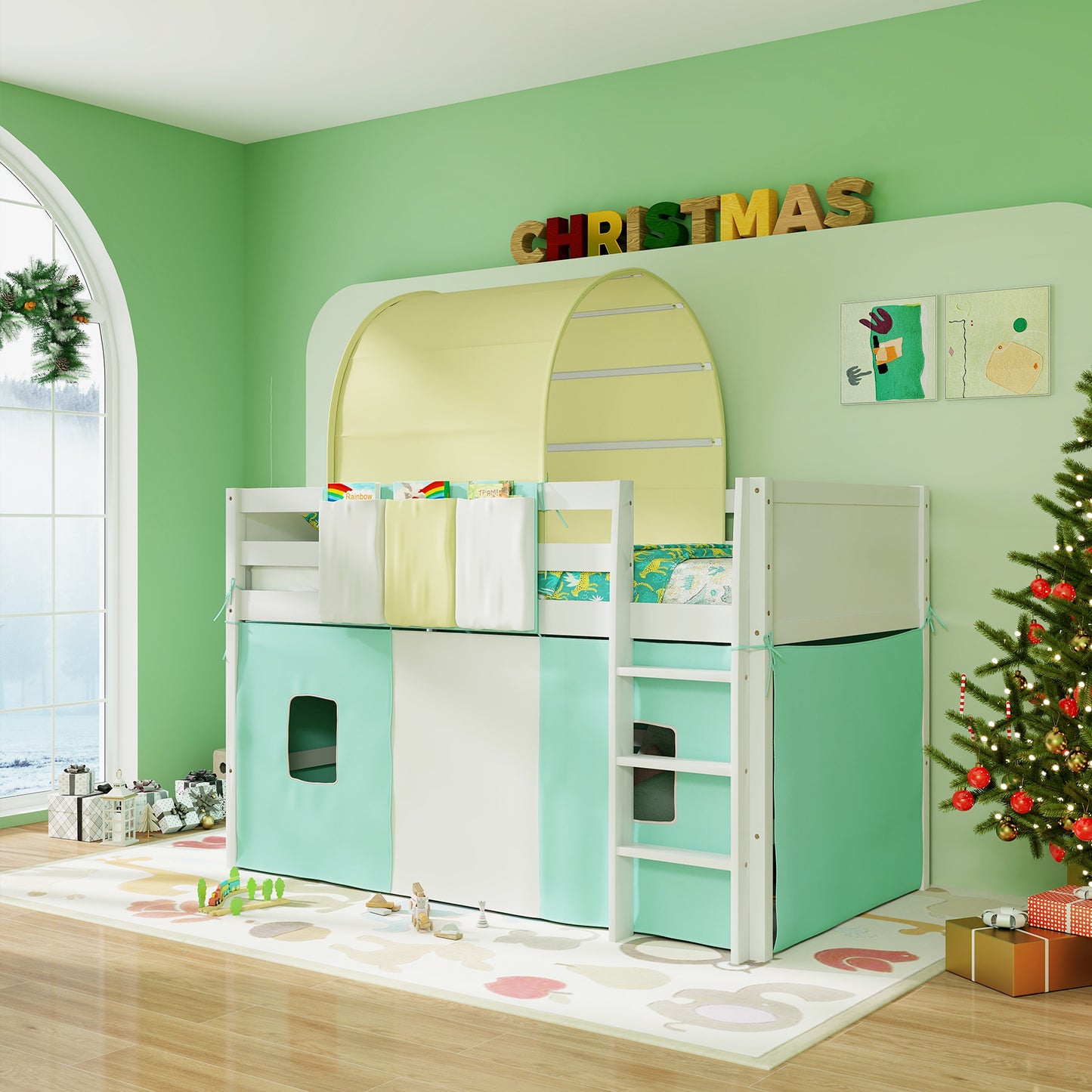 Twin Size Loft Bed Playhouse Bed Frame with Tower Tent and 3 Storage Pockets-Turquoise Kids Crystal