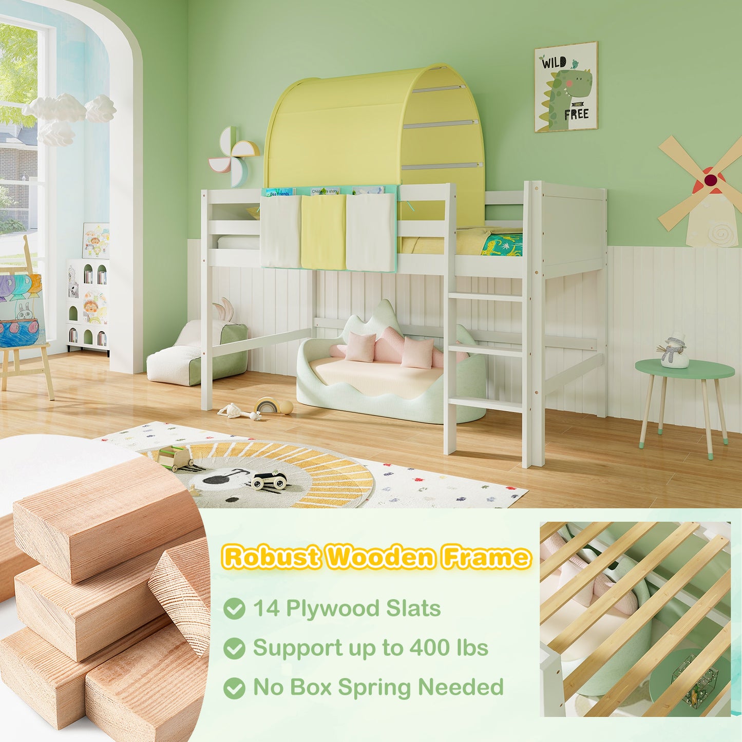 Twin Size Loft Bed Playhouse Bed Frame with Tower Tent and 3 Storage Pockets-Turquoise Kids Crystal