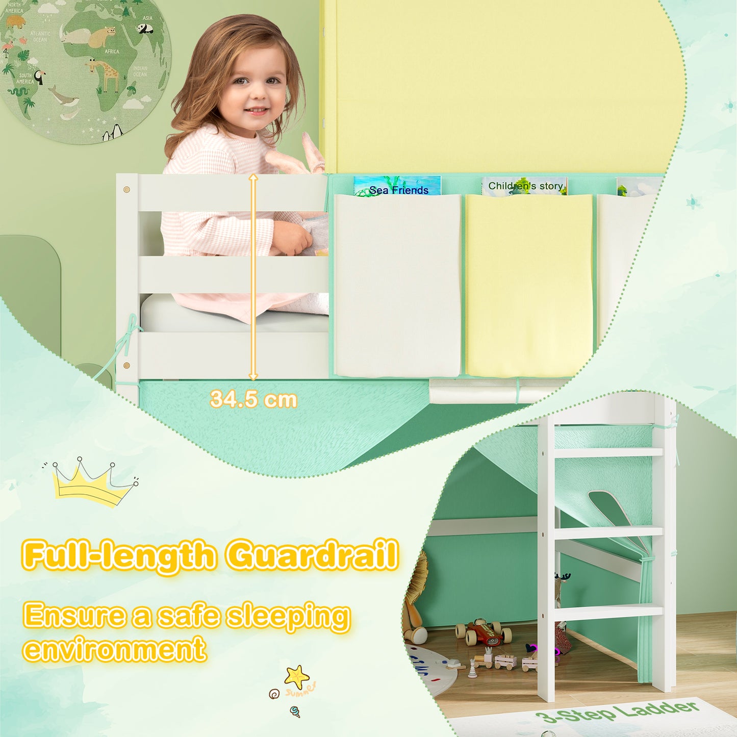 Twin Size Loft Bed Playhouse Bed Frame with Tower Tent and 3 Storage Pockets-Turquoise Kids Crystal
