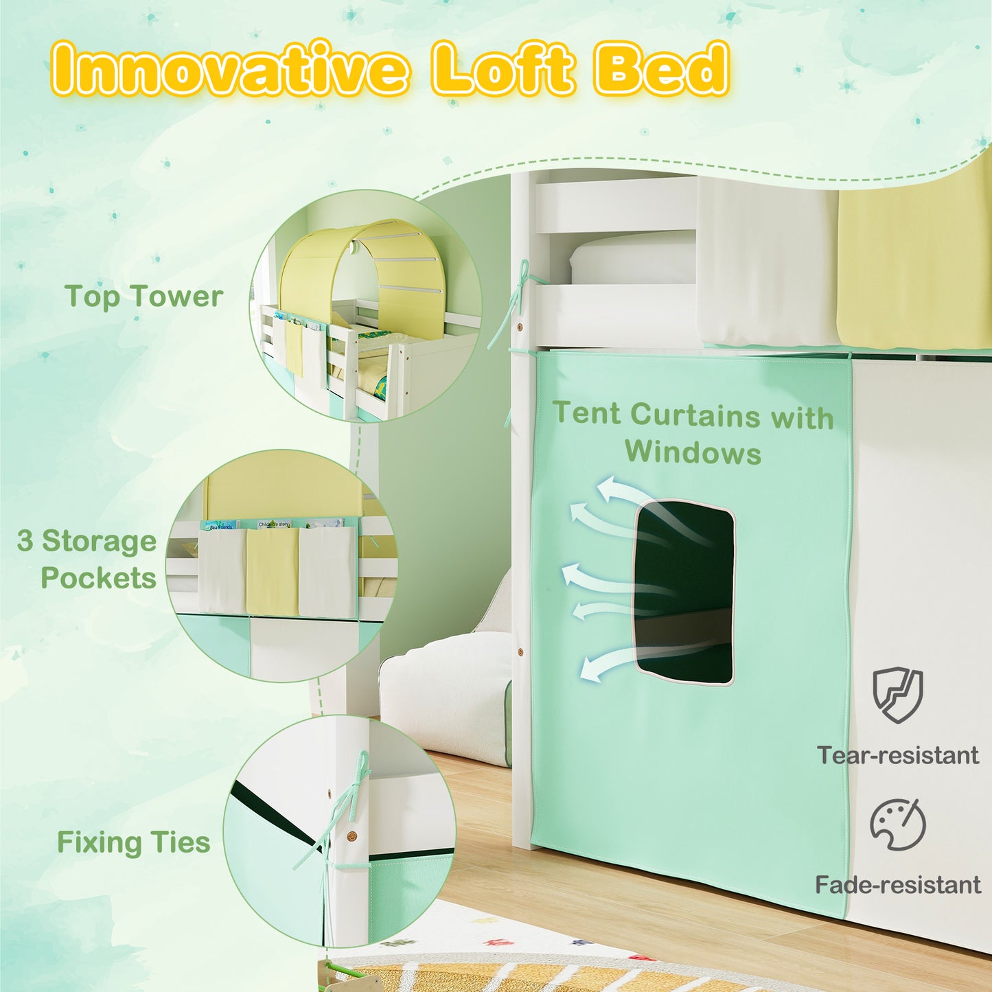 Twin Size Loft Bed Playhouse Bed Frame with Tower Tent and 3 Storage Pockets-Turquoise Kids Crystal