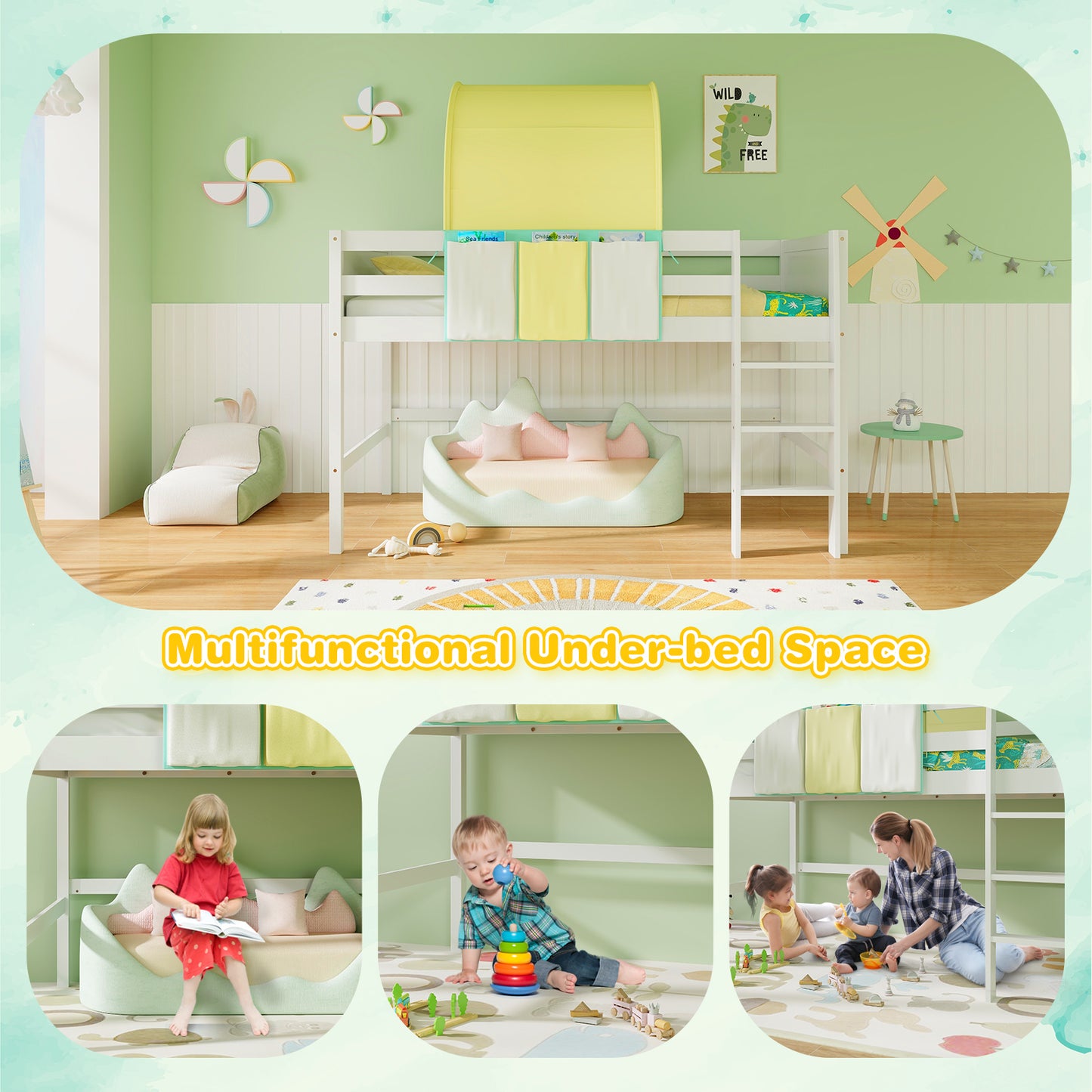 Twin Size Loft Bed Playhouse Bed Frame with Tower Tent and 3 Storage Pockets-Turquoise Kids Crystal